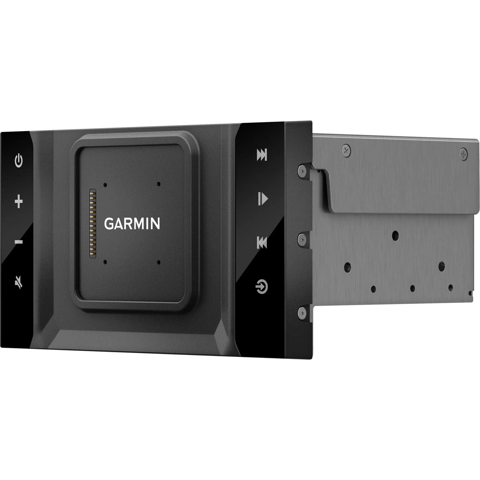 Schwarze Garmin VIEO RV52 Dockingstation mit Bedientasten, Kontaktleiste und silberner Metallhalterung