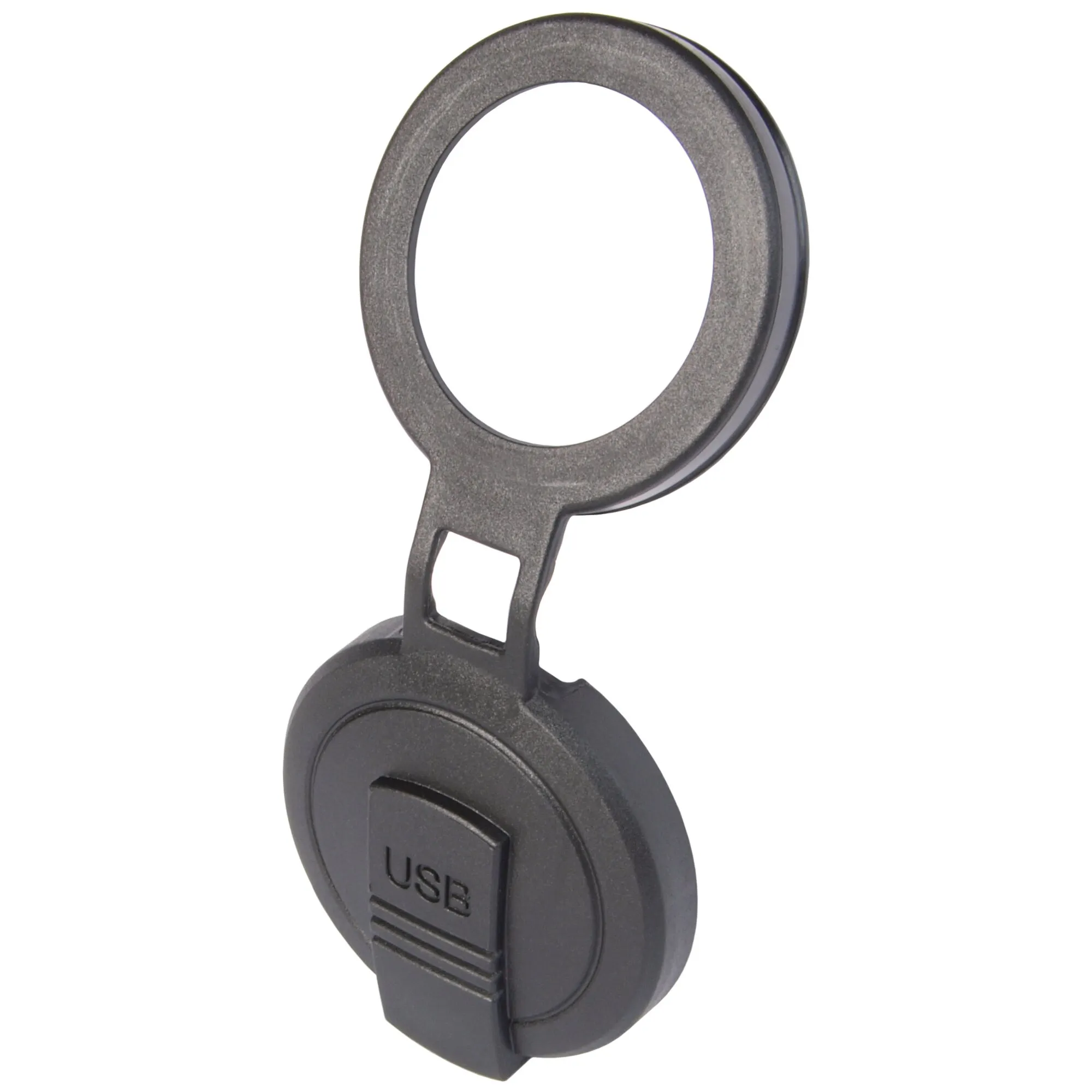 Schwarzer Universal-Schutzdeckel für USB-Anschlüsse mit rundem Deckel und Befestigungsring in Detailansicht