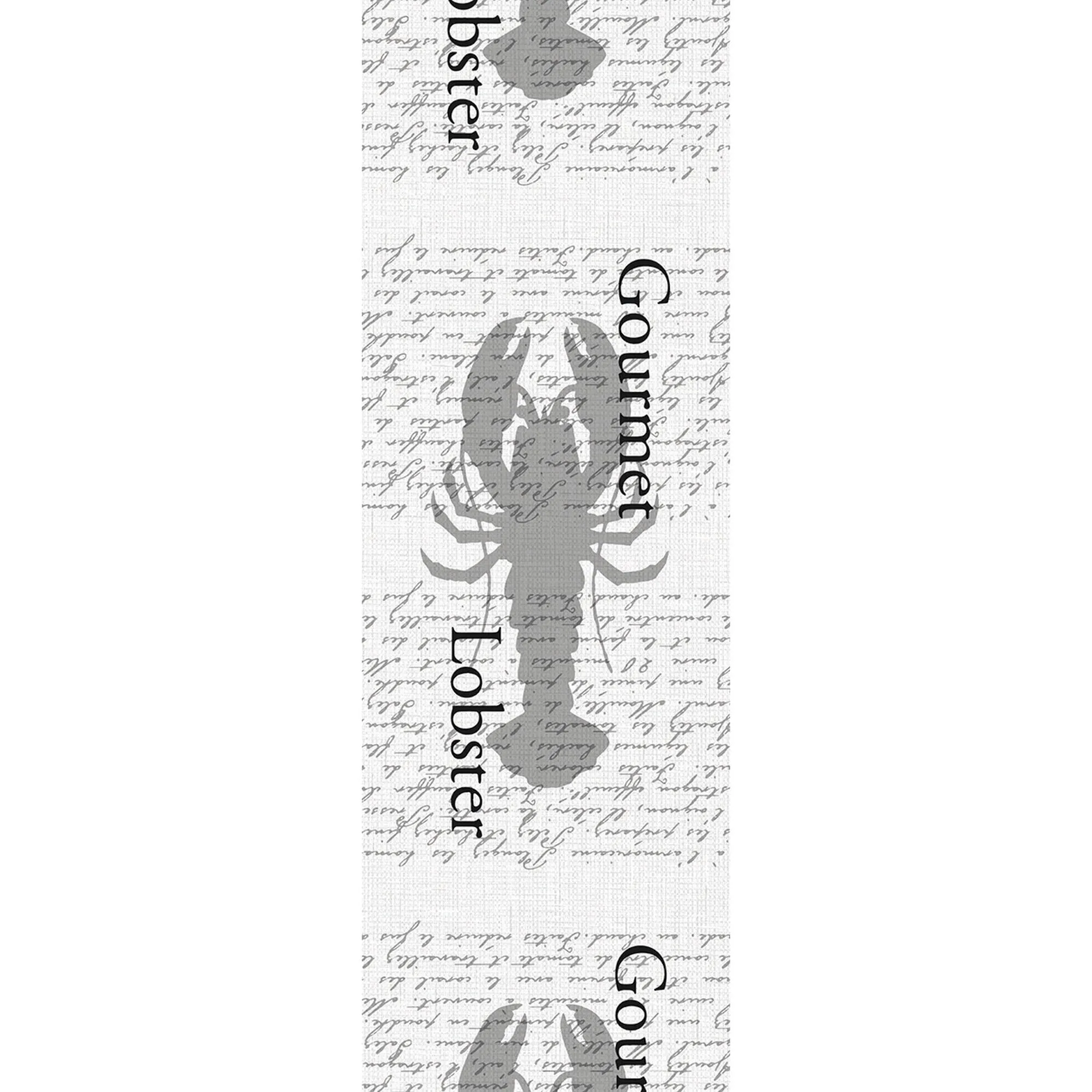 Tischläufer Miami in Weiß und Grau mit stilisierten Hummermotiven, handschriftlichem Schriftmuster und dem Schriftzug Lobster