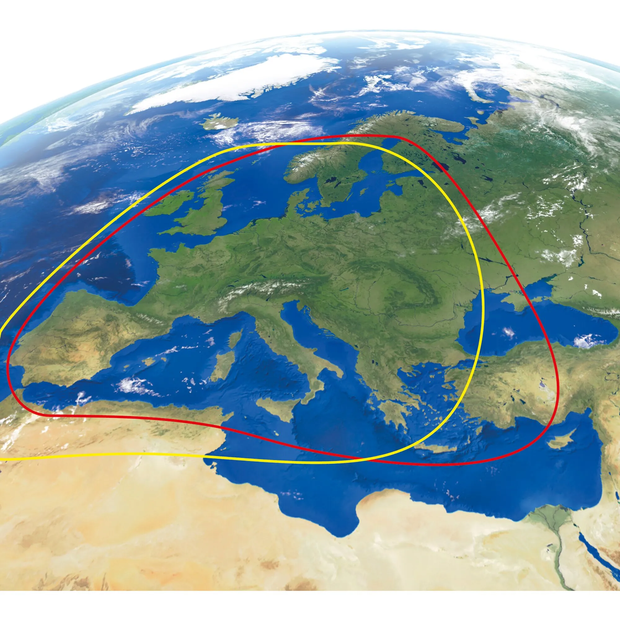 Satelliten-Empfangskarte der CytracDX® Vision Twin mit rot und gelb markierten Abdeckungsbereichen über Europa
