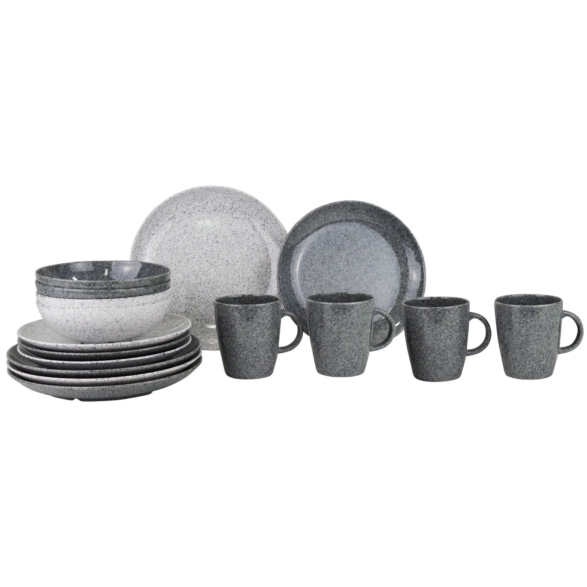 Geschirrset Solid Line in Granitgrau mit Tellern, Schalen und vier Henkelbechern in gesprenkelter Optik