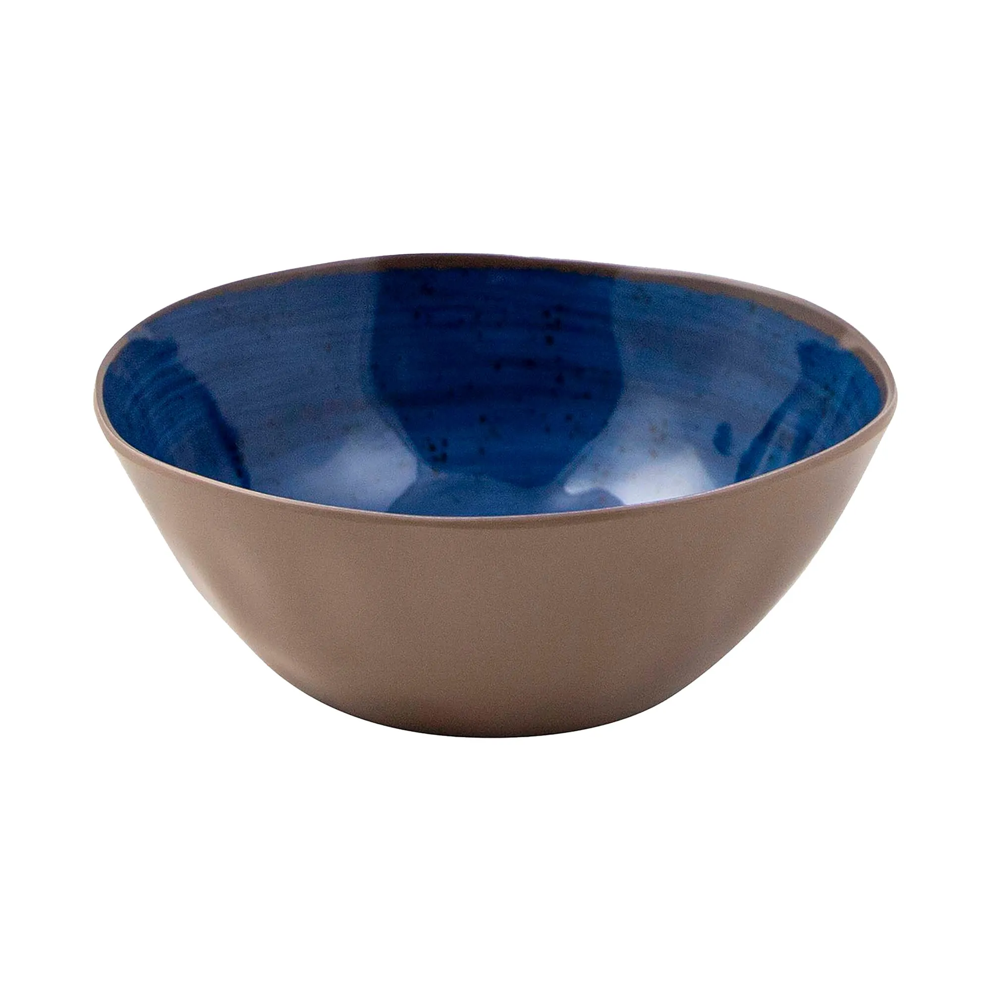 Blaue Keramikschüssel des Geschirrsets Halo mit brauner Außenseite und blau glasierter Innenfläche in Nahansicht