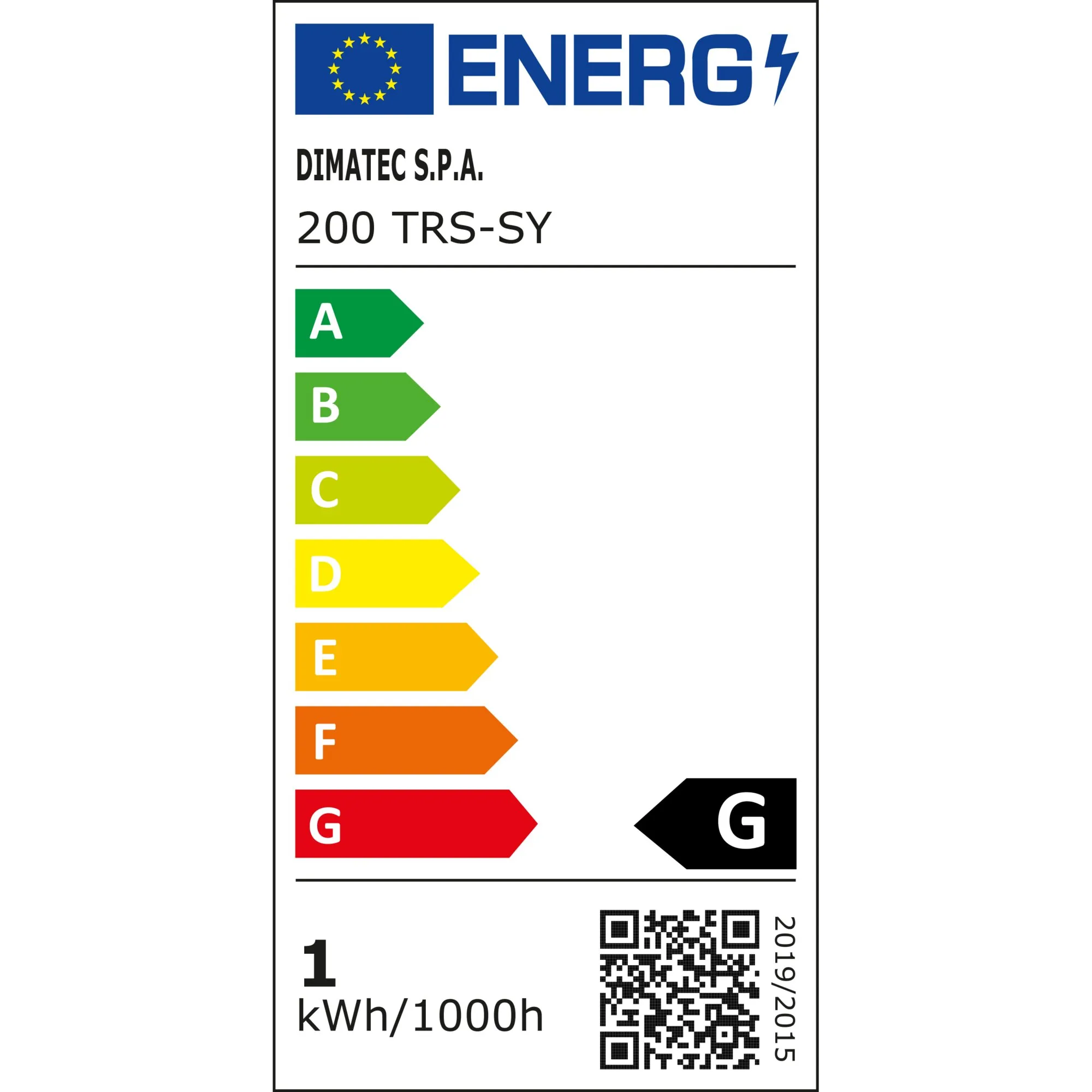 EU-Energielabel für den silbernen Spot DIMATEC 200 TRS-SY mit Energieeffizienzklasse G und 1 kWh/1000 h