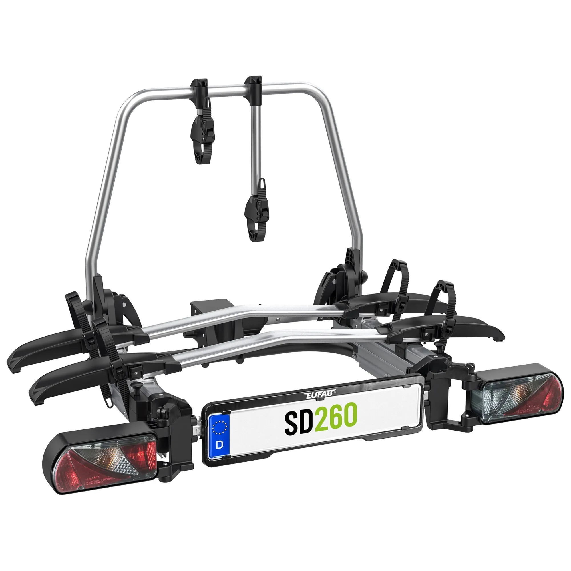 Silberner Eufab Fahrradträger SD260 für die Anhängerkupplung mit zwei Fahrradschienen, Haltearmen, Rückleuchten und Kennzeichenhalter