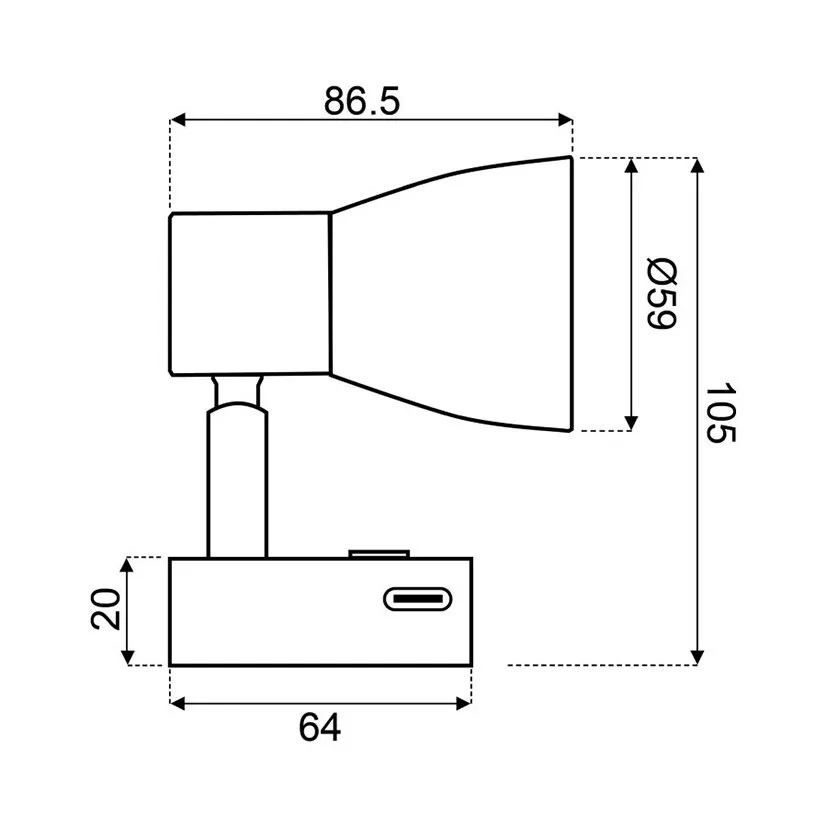 Technische Seitenansicht einer Aufbau-Leseleuchte mit USB-C-Anschluss und Maßangaben für Höhe, Breite und Leuchtenkopf
