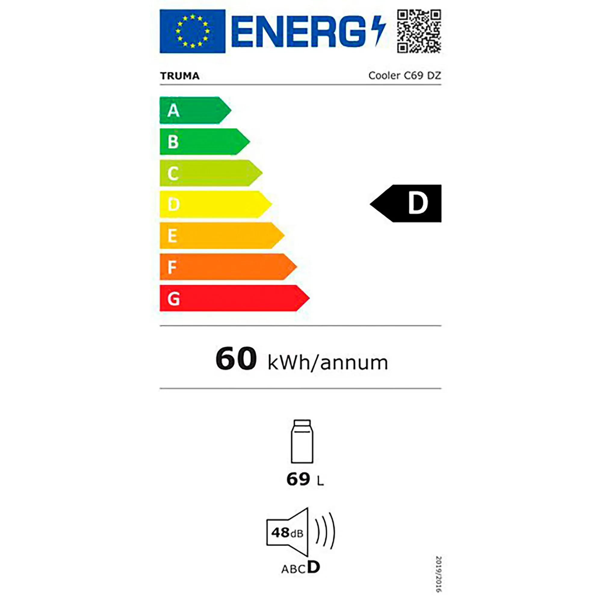 Energieeffizienzlabel der Truma Kompressorkühlbox Cooler C69 DZ mit 69 Litern, Energieklasse D, 60 kWh Jahresverbrauch und 48 dB Geräuschpegel