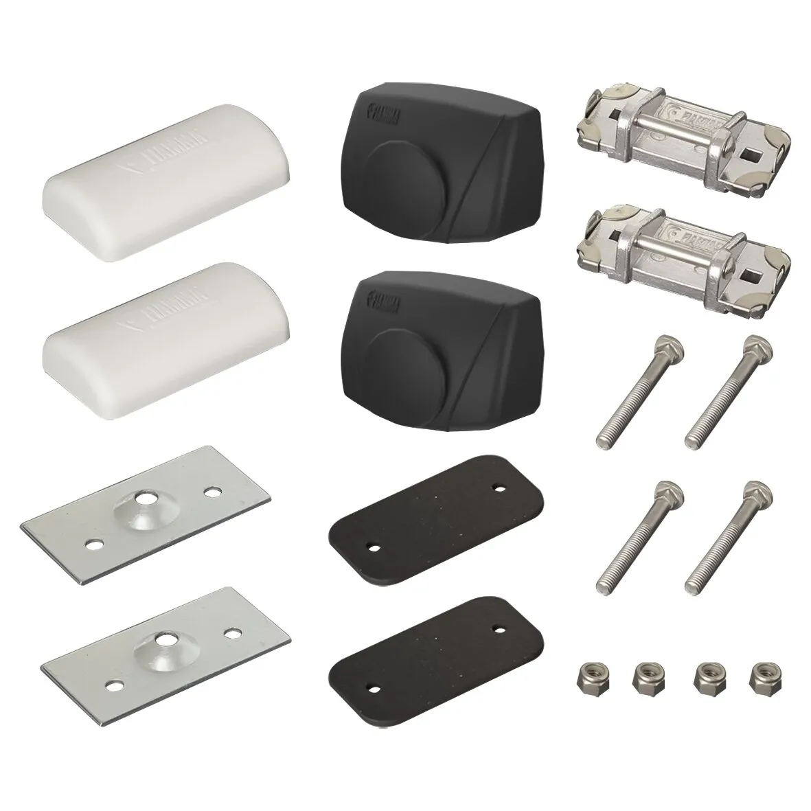 Oberes Befestigungskit M6 x 50 mit zwei schwarzen und zwei weißen Abdeckungen, Metallhaltern, Montageplatten, Schrauben und Muttern