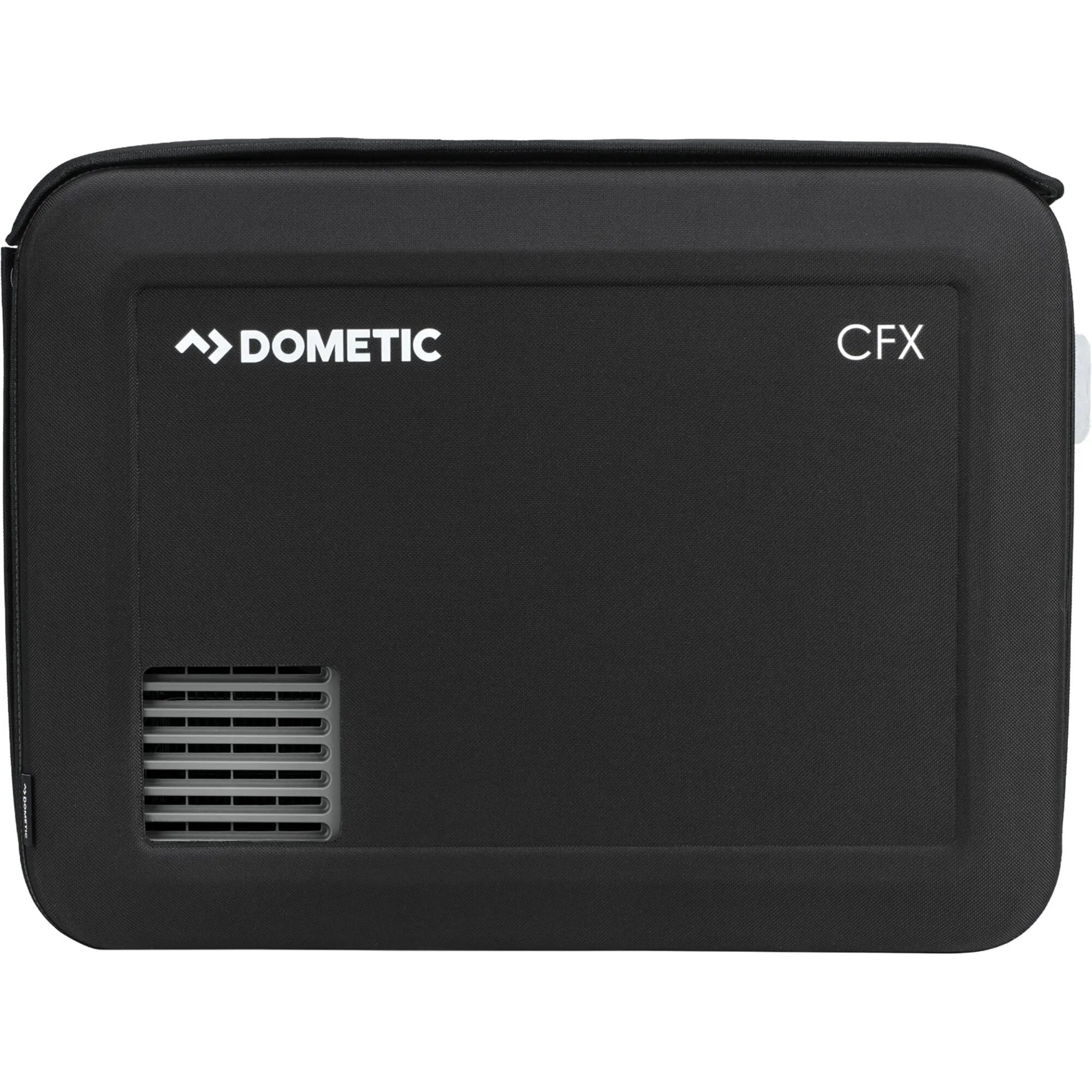 Schwarze Dometic-Schutzhülle für die Kühlbox CFX5 45 mit Frontlüftung und weißen CFX- und Dometic-Logos