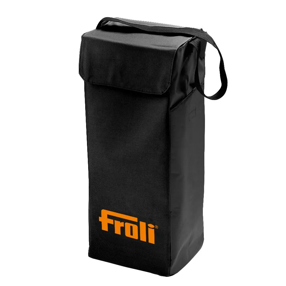 Schwarze rechteckige Transporttasche mit Klappverschluss, Schulterriemen und orangefarbenem Froli-Logo für einen Rundkeil