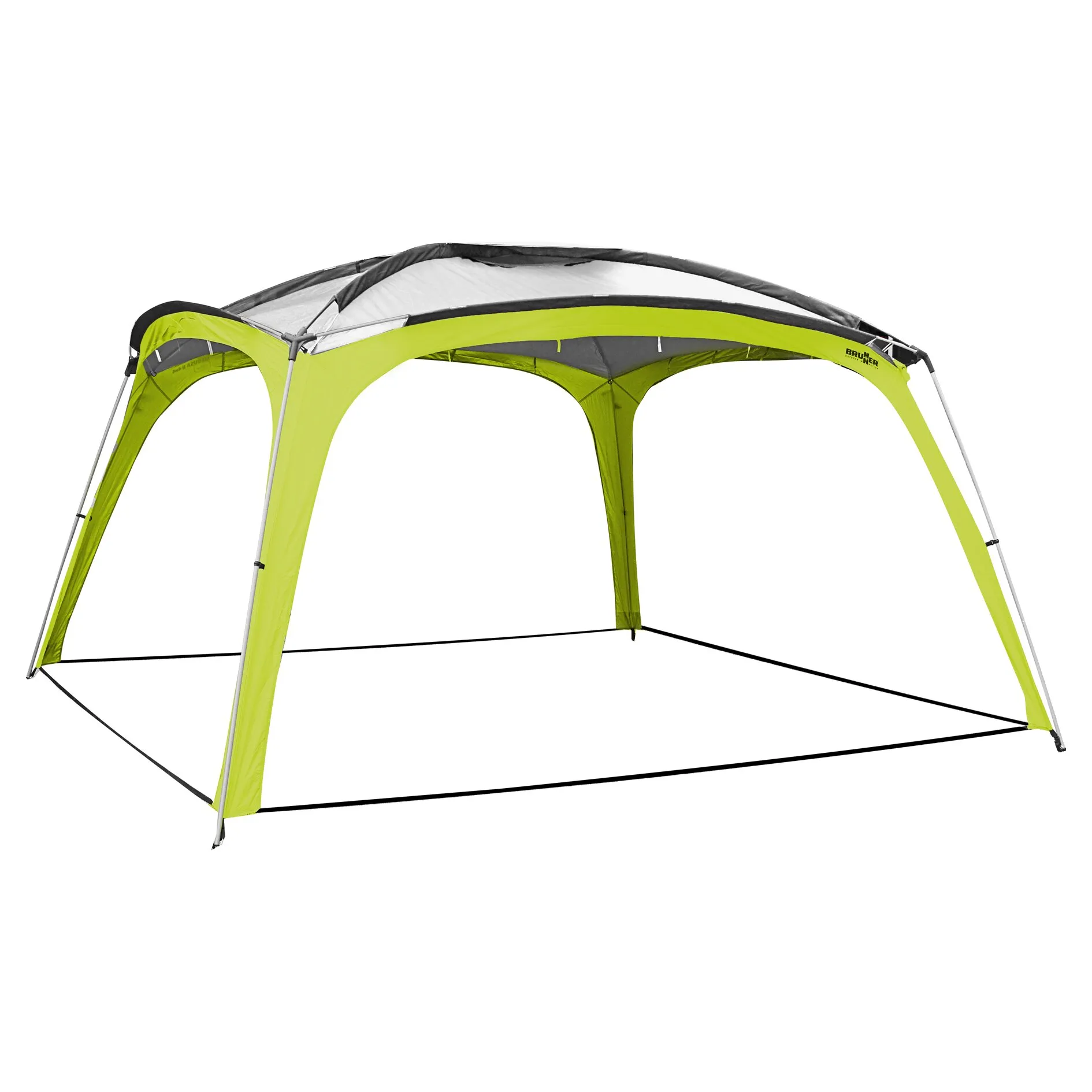 Leichtpavillon Medusa II von Brunner in 400 cm, neongrün und grau, offen mit gewölbtem Dach und Aluminiumgestänge