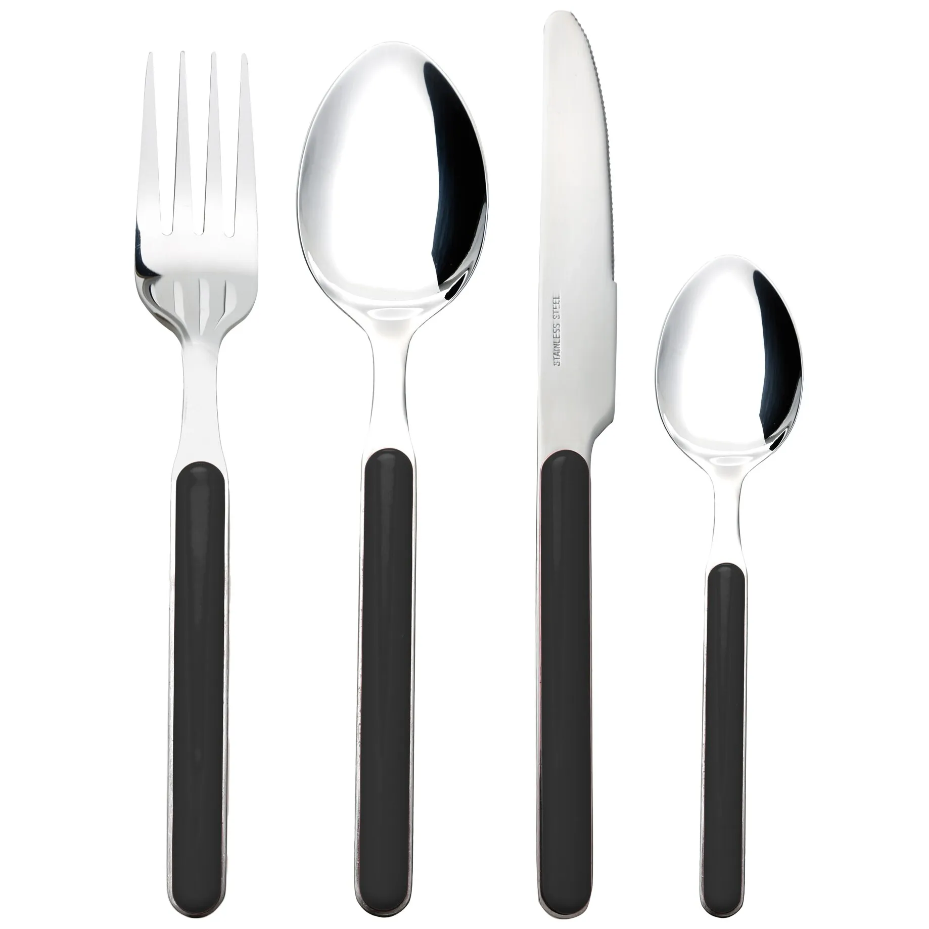 Schwarzes Besteckset Delice aus Edelstahl mit Gabel, Esslöffel, Tafelmesser und kleinem Löffel