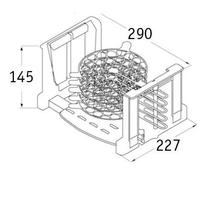 Technische Zeichnung eines Tellerhalters M aus Drahtgitter mit seitlichen Halterungen, Maßangaben 290 × 227 × 145 mm