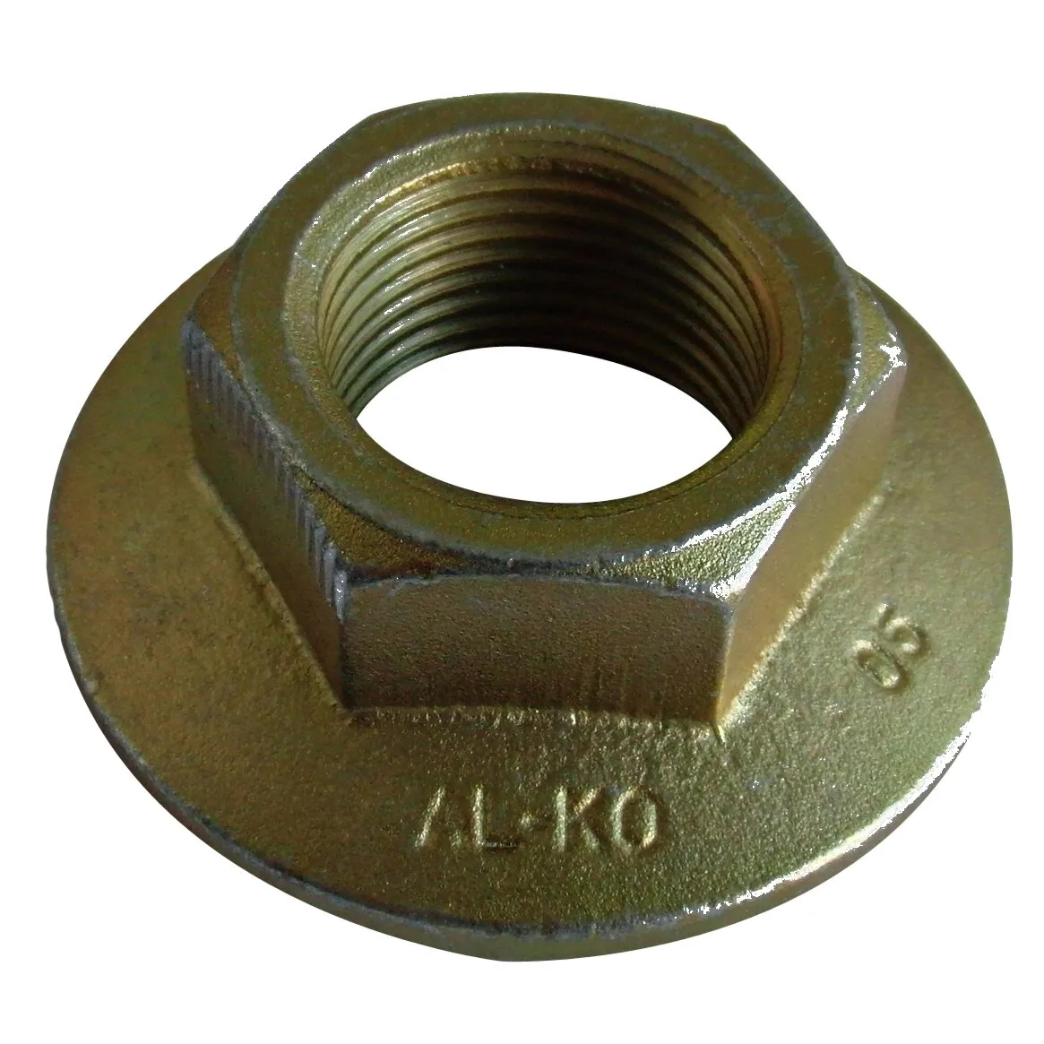 Goldbraune Flanschmutter M27 x 2,00 mm mit sichtbarem Innengewinde, Sechskantprofil und breitem Flanschring