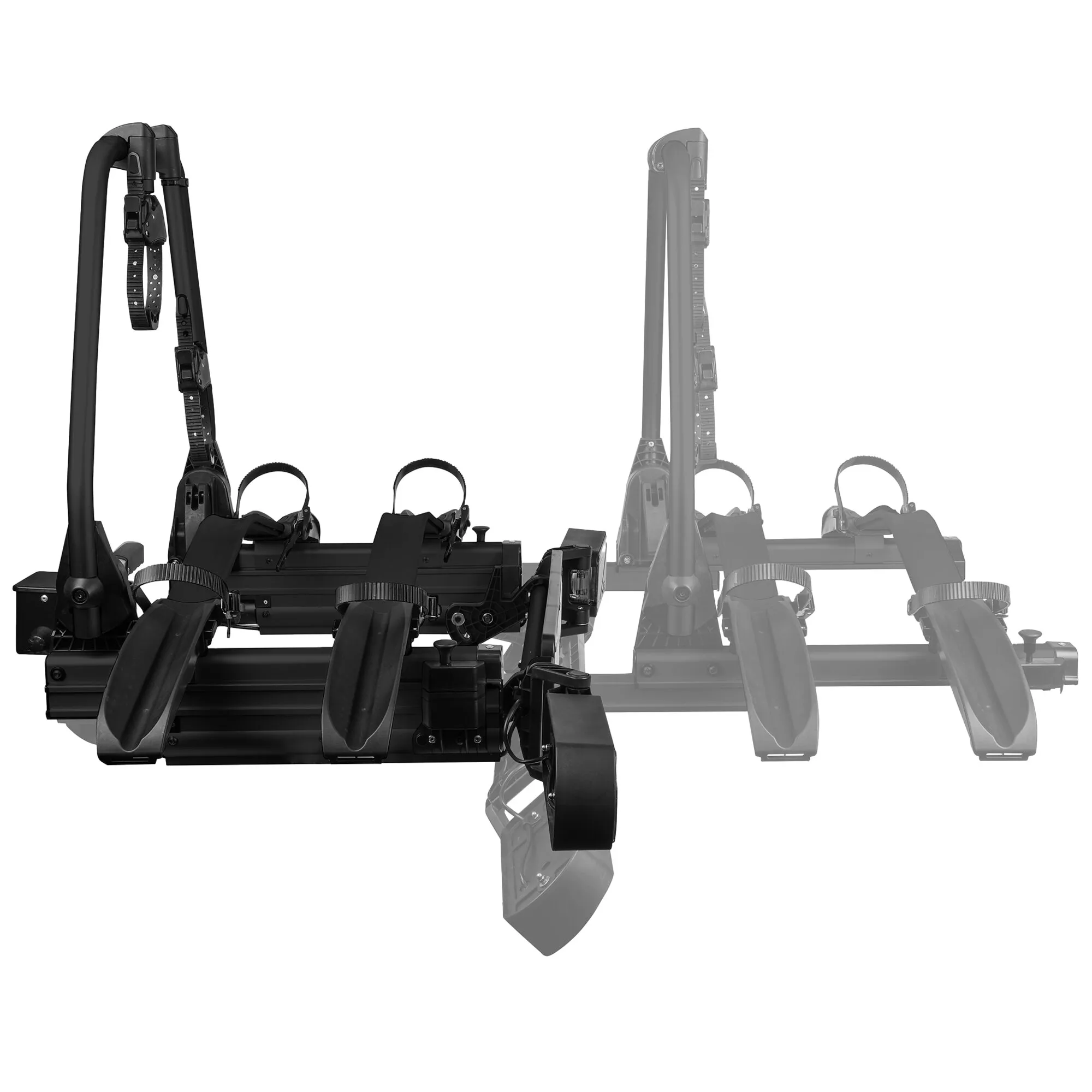 Schwarzer Fahrradträger für Anhängerkupplung SD260, sichtbar mit verstellbaren Haltearmen, Spanngurten und Radhalterungen
