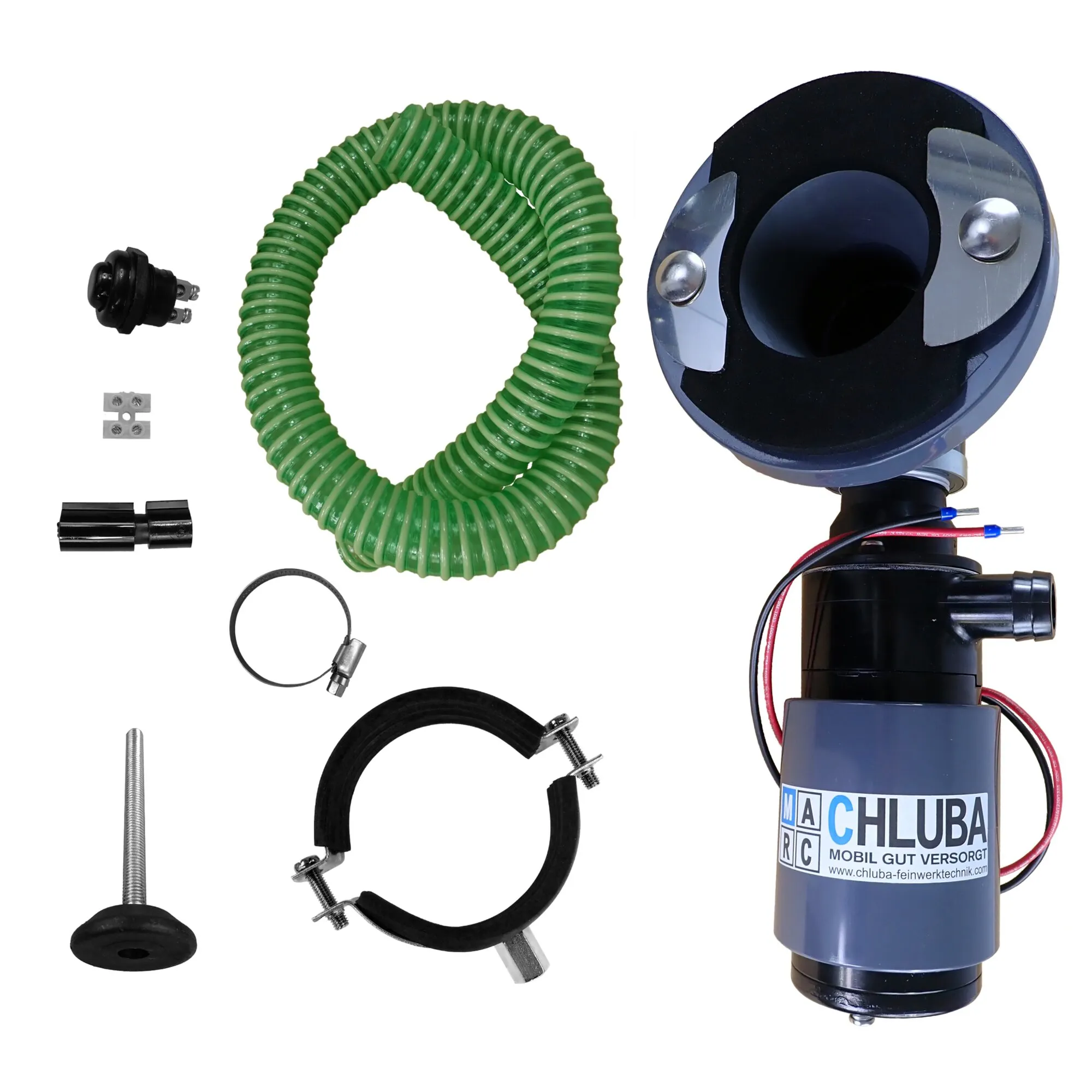 Zerhackerpumpe für CTS, CTW 4110 und CT 3000 mit schwarzem Pumpengehäuse, grünem Spiralschlauch und Montagezubehör