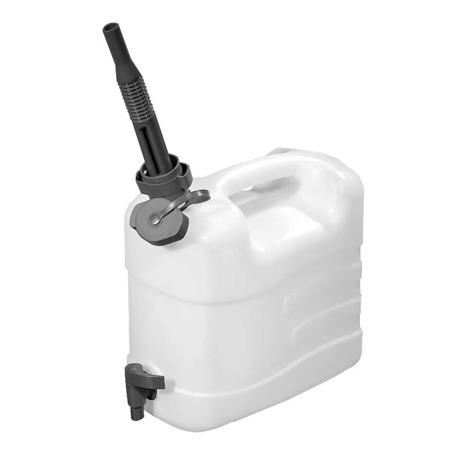 Weißer 10-Liter-Combi-Wasserkanister mit schwarzem Einfüllstutzen, Verschluss und Auslaufhahn in Dreiviertelansicht