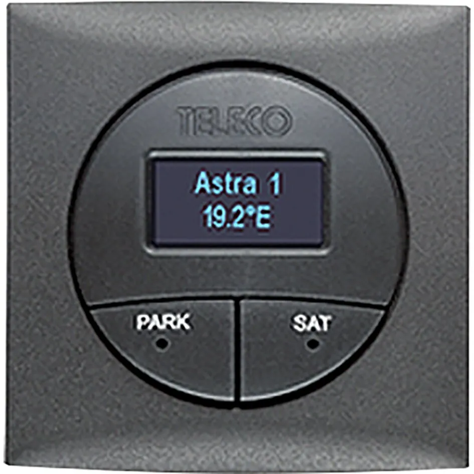 Schwarzes Teleco-Bedienpanel der FlatSat Classic Twin Sat-Anlage mit Display Astra 1, 19,2°E sowie Tasten Park und SAT