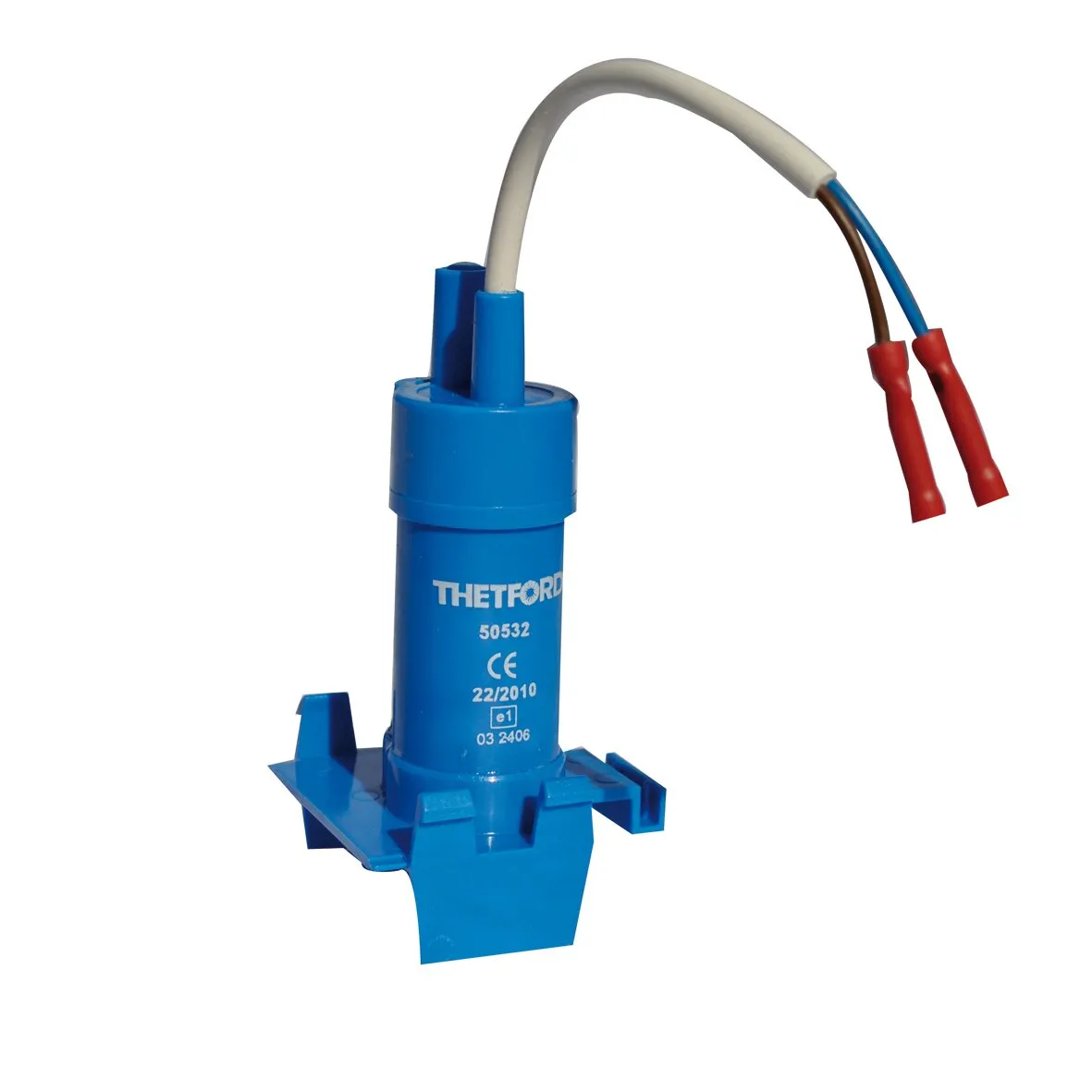 Blaue Thetford-Pumpe 50532 mit Anschlusskabeln, roten Kabelschuhen und seitlichen Befestigungselementen