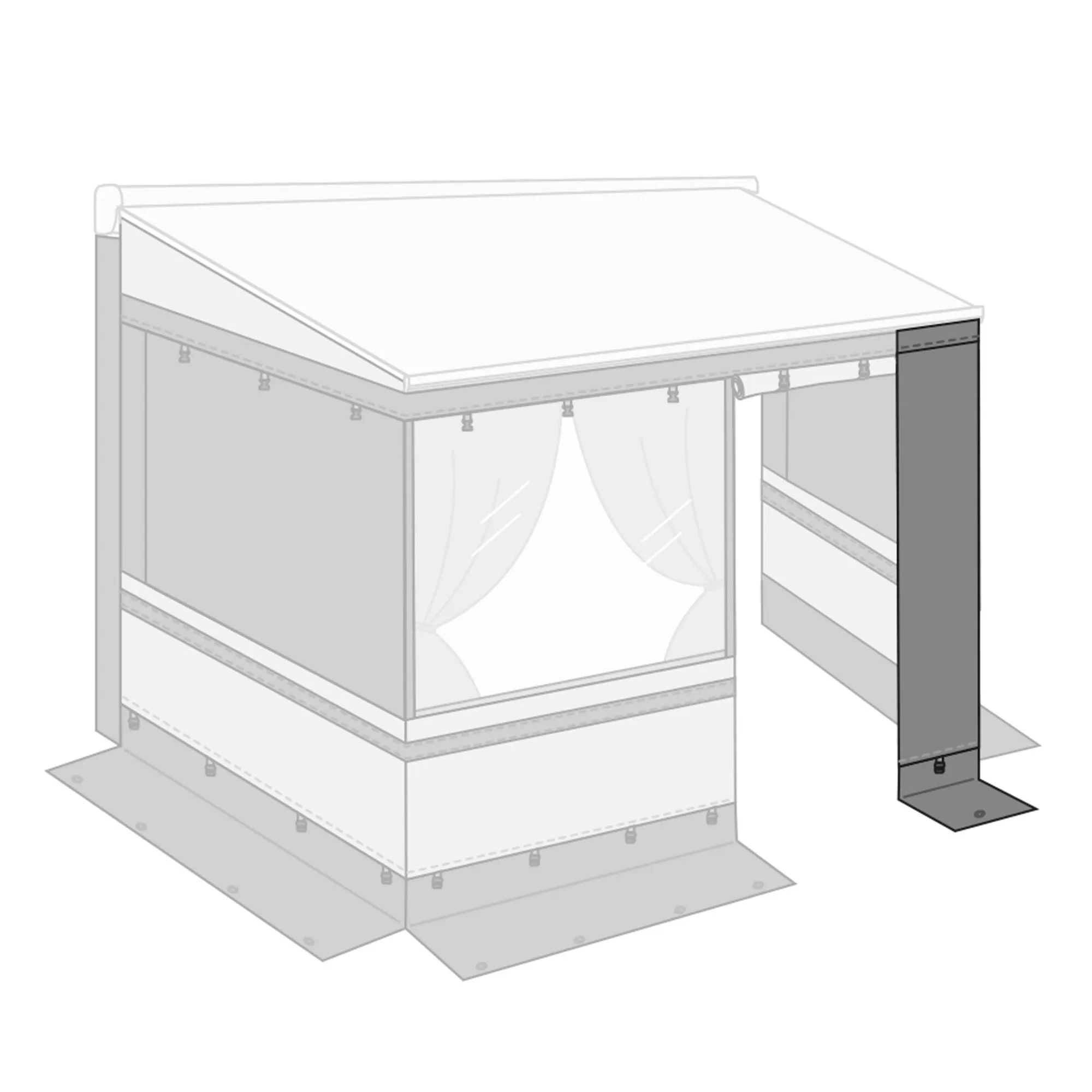 Privacy Room Light mit überdachter Zeltkabine, Seitenwänden, Vorhängen und 20 cm Frontwanderweiterung an der rechten Vorderseite
