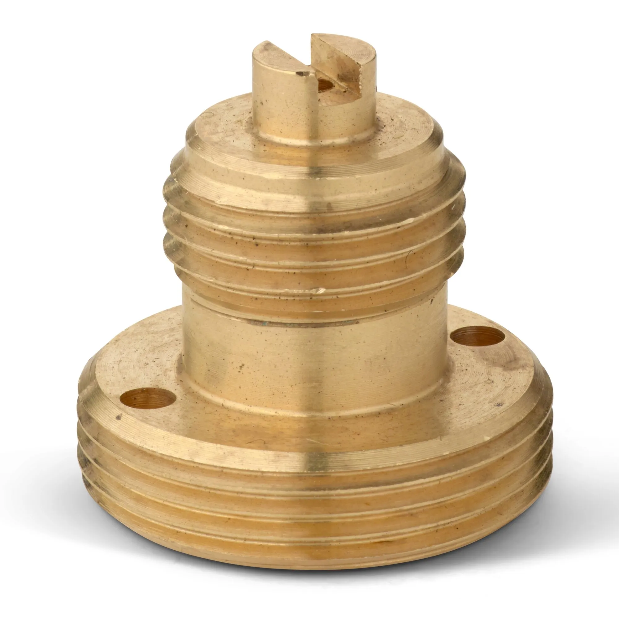 Messingfarbener Adapter für Gasgrills mit großem Gewinde, breitem Befestigungsflansch und zwei Bohrungen für 3-kg-Gasflaschen