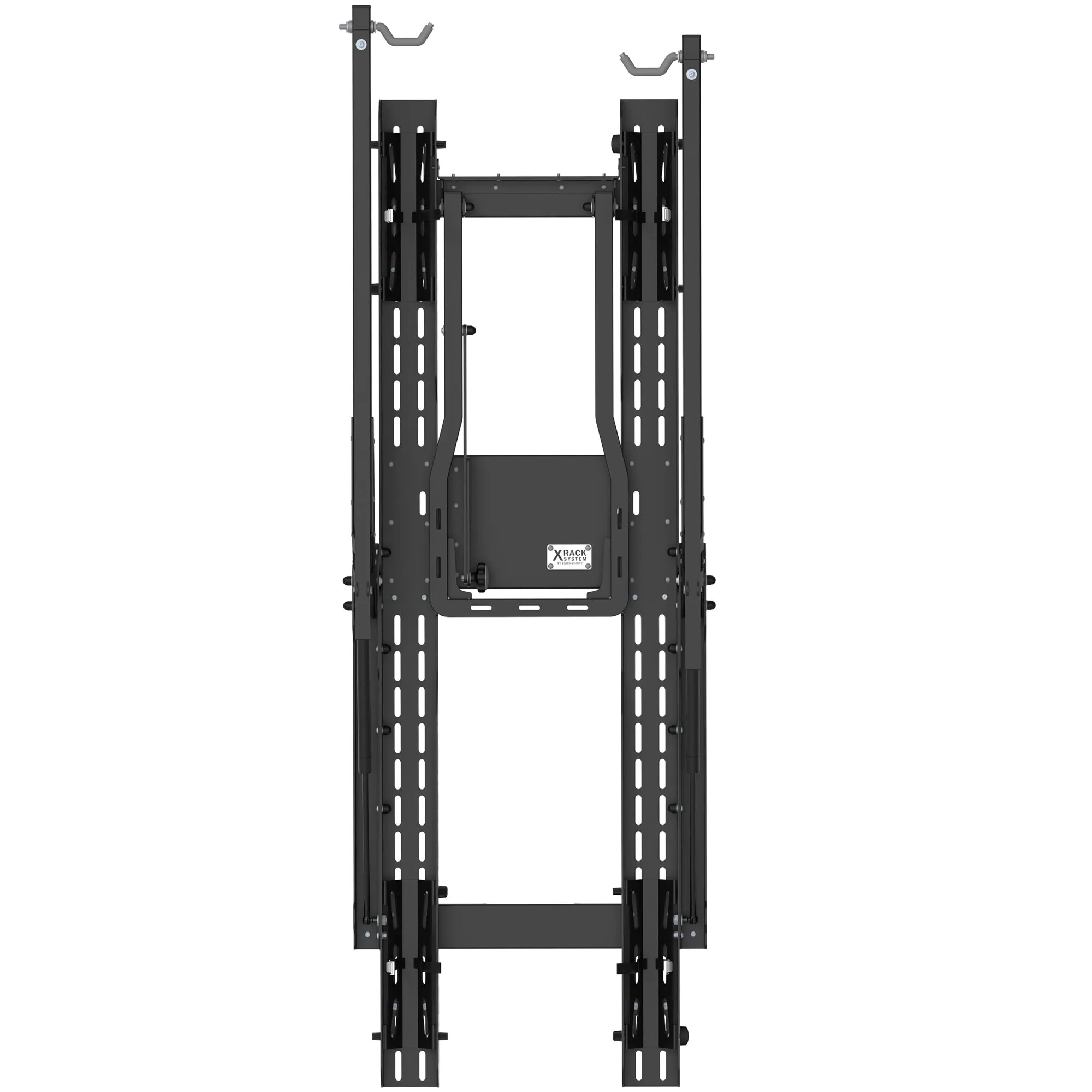 Schwarzes Trägersystem X-Rack Bike-Lift in Frontansicht mit zwei vertikalen Führungsschienen und Fahrradhalterungen