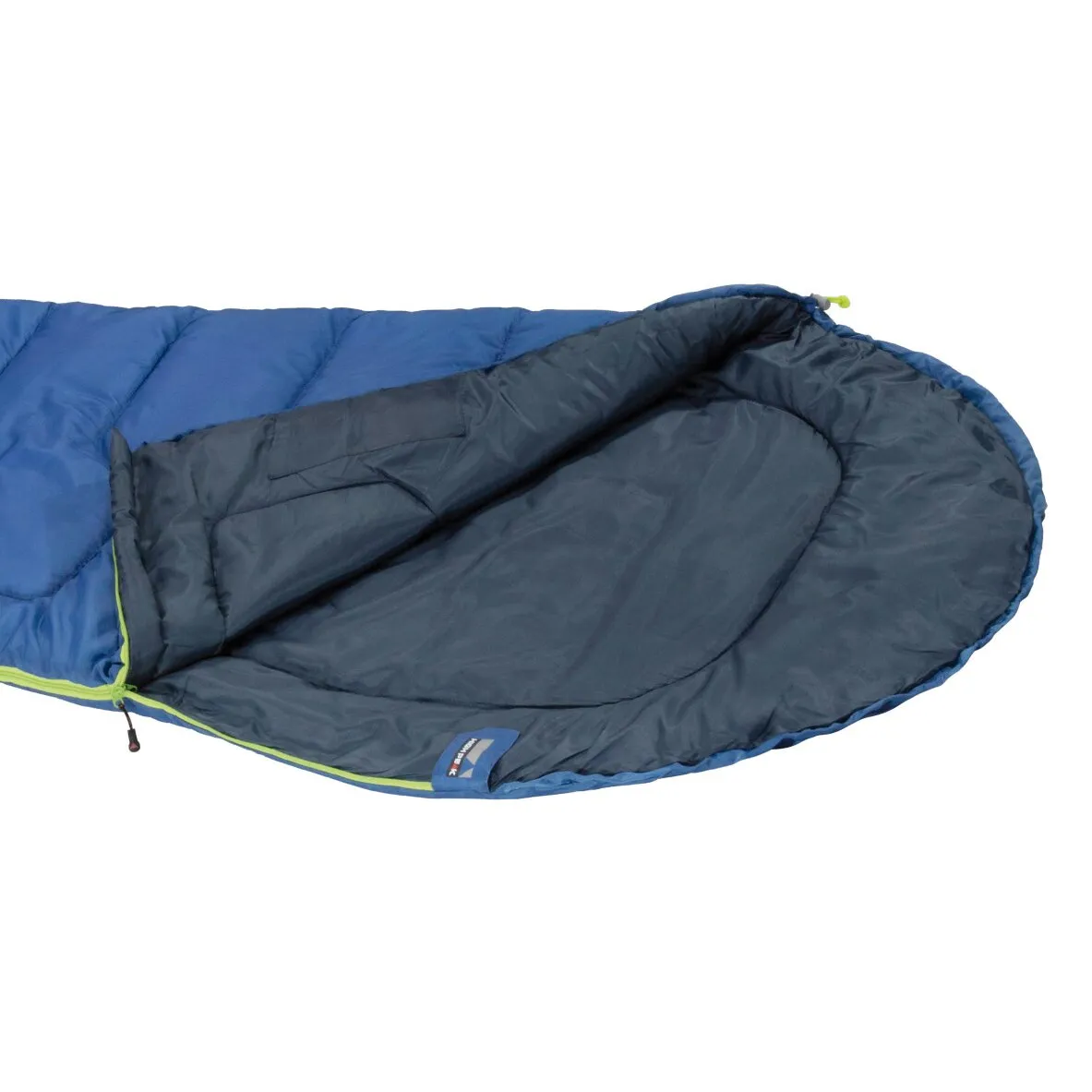 Blauer Mumienschlafsack Action 250 in geöffneter Innenansicht mit dunkelgrauem Futter, Kapuze und grünem Reißverschlussrand