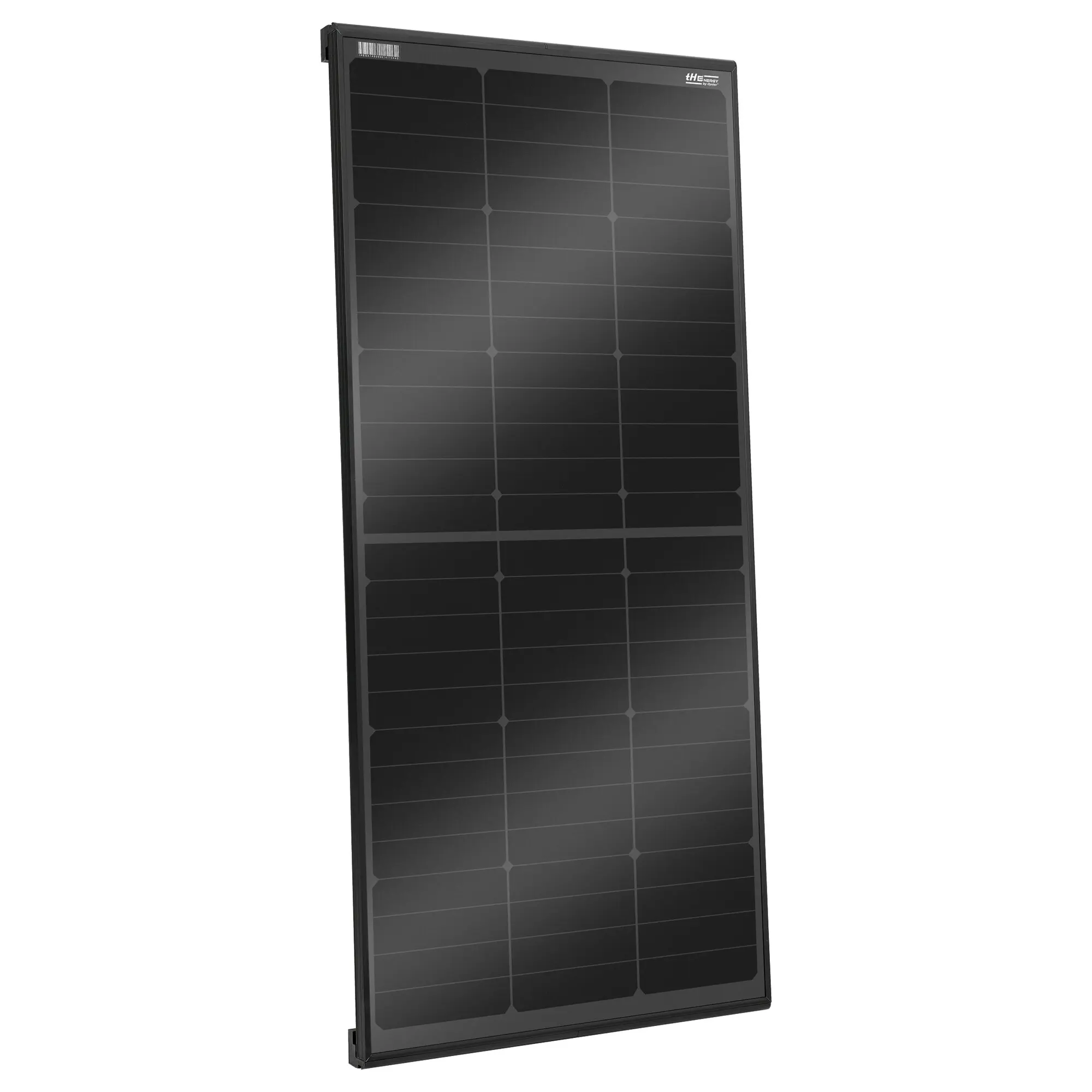 Solarmodul tHENERGY Sunsolid 145, 145 Wp, rechteckiges schwarzes Photovoltaik-Modul mit grauem Zellenraster, Rahmen und Barcode oben links