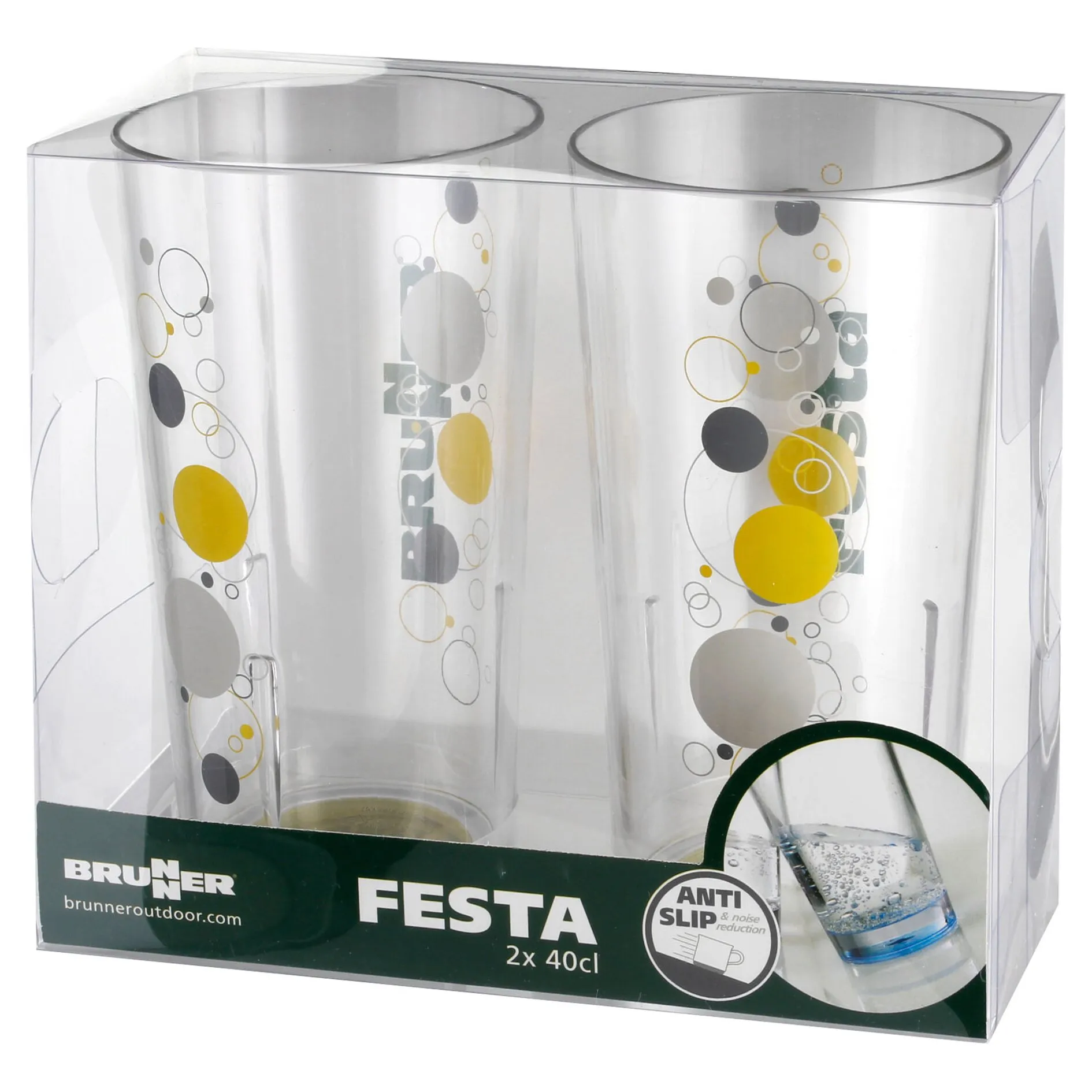 Transparente Verpackung mit zwei hohen Trinkgläsern der Serie Space, 400 ml, bedruckt mit bunten Kreisen in Grau, Gelb und Grün
