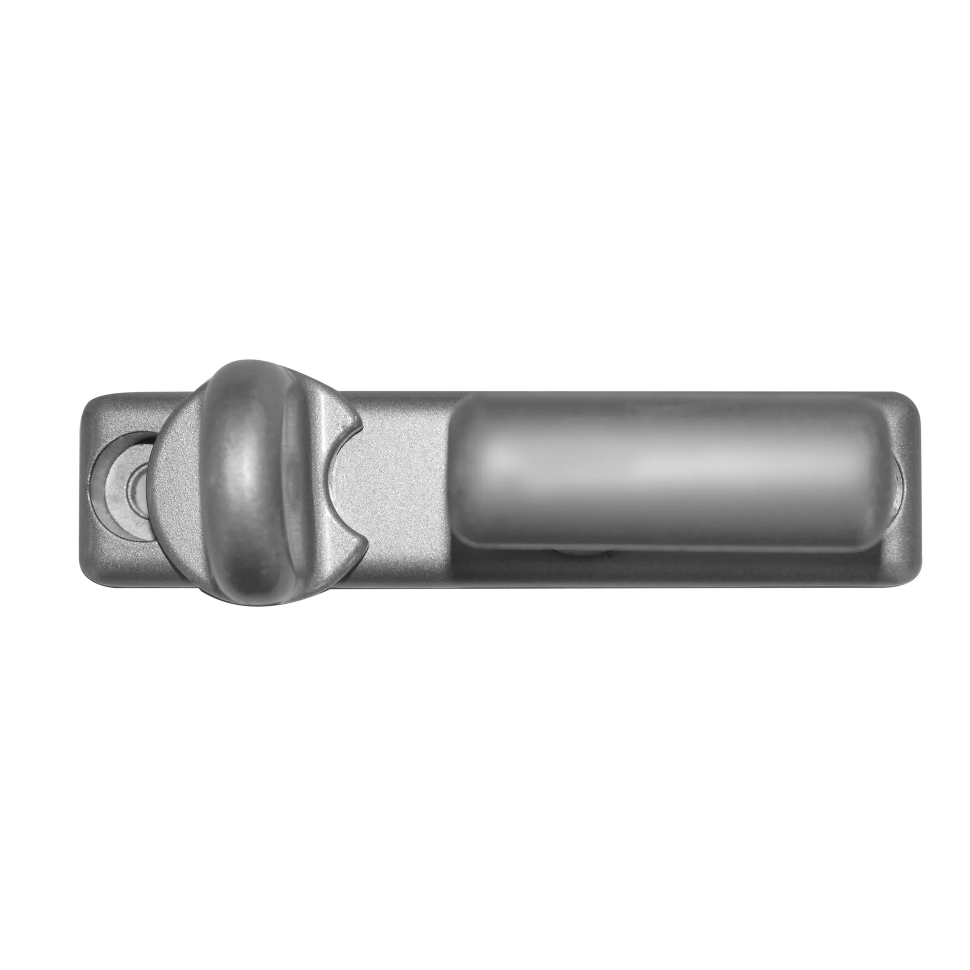 Türverriegelung Inside Out Lock G2 aus grauem Metall mit Drehknauf und länglicher Griffmulde in Draufsicht