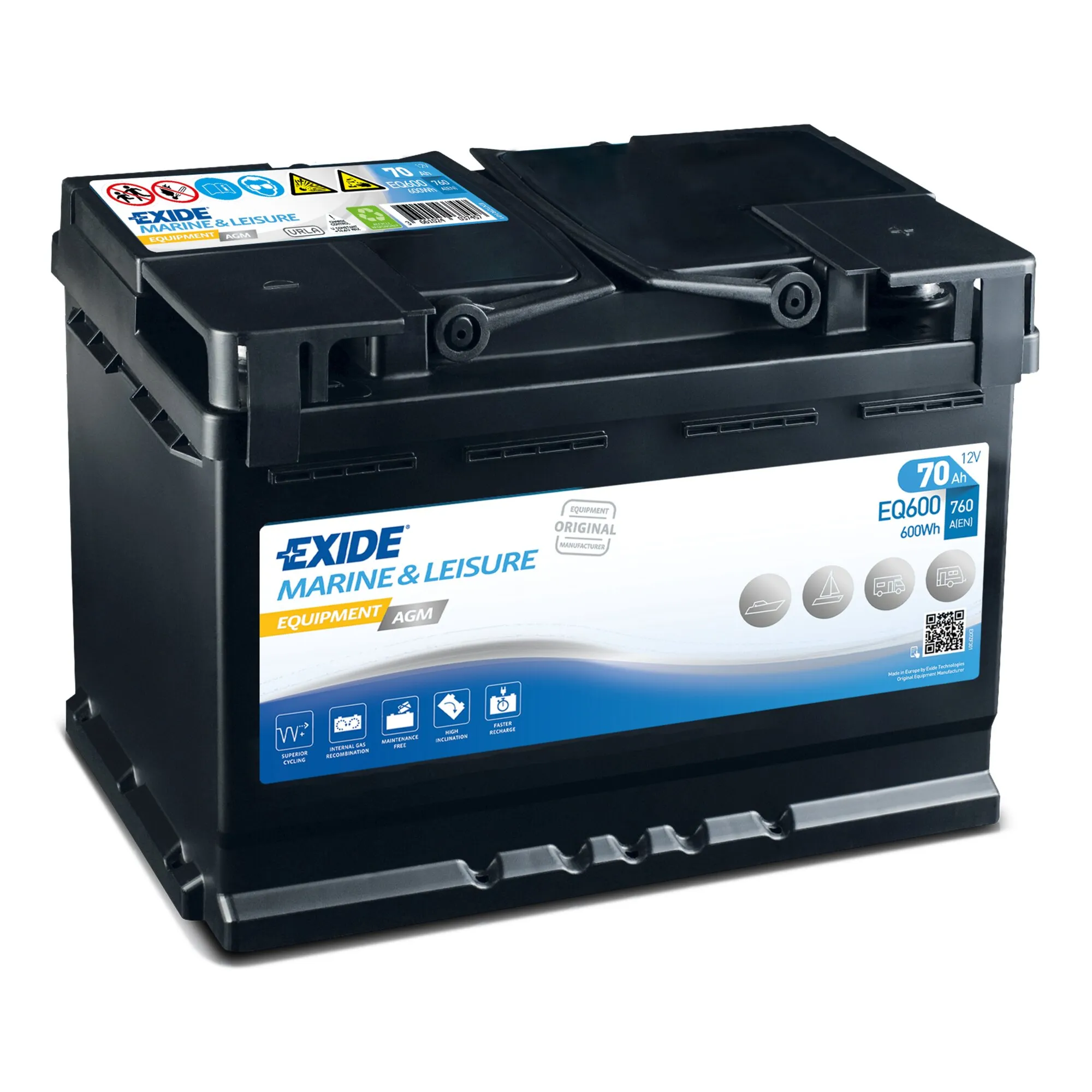 Schwarze Exide Marine & Leisure Equipment AGM-Batterie EQ600 mit 70 Ah und 12 V, frontal in leichter Perspektive