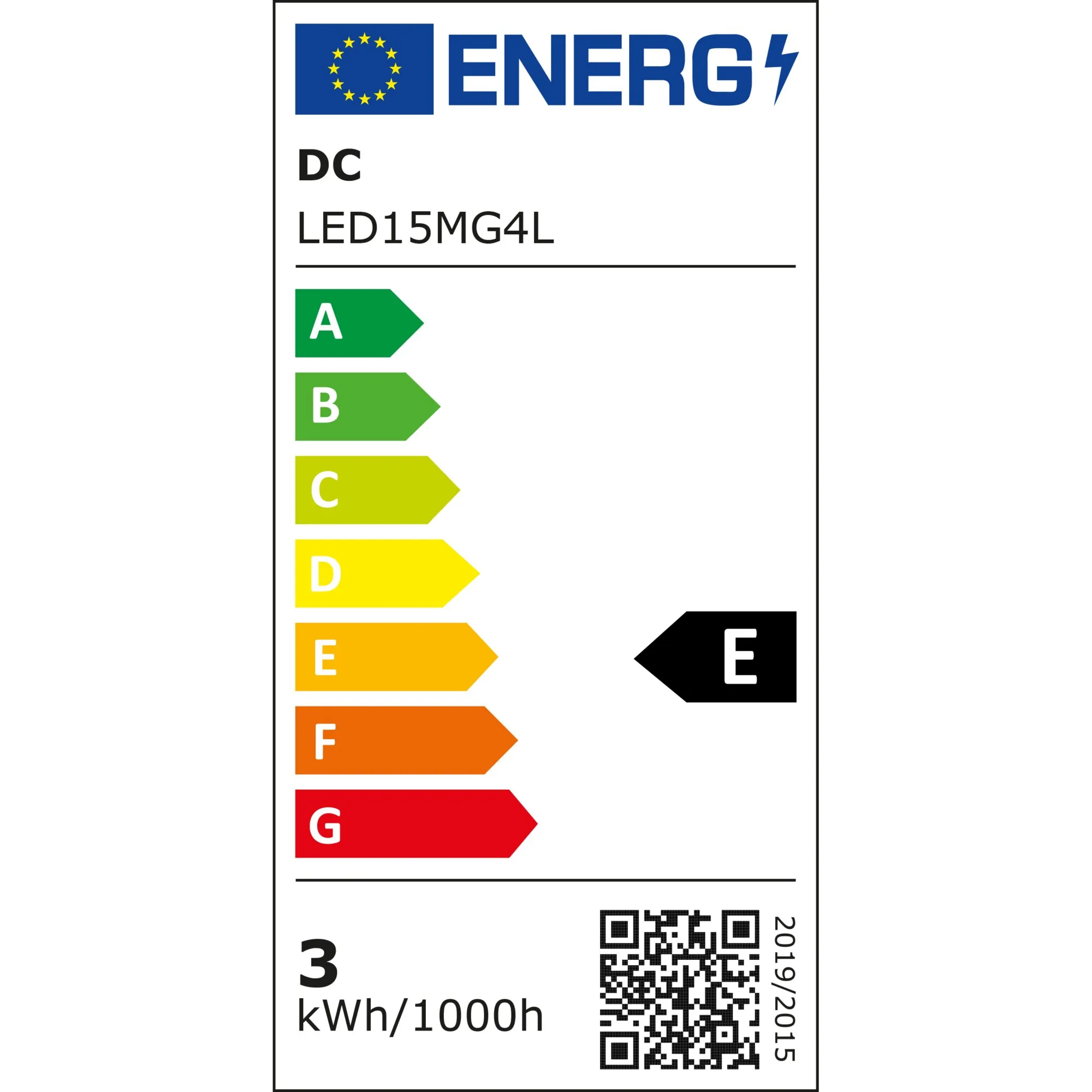 EU-Energielabel für LED-Leuchtmittel G4, Modell LED15MG4L, Energieeffizienzklasse E und Verbrauch 3 kWh/1000 h