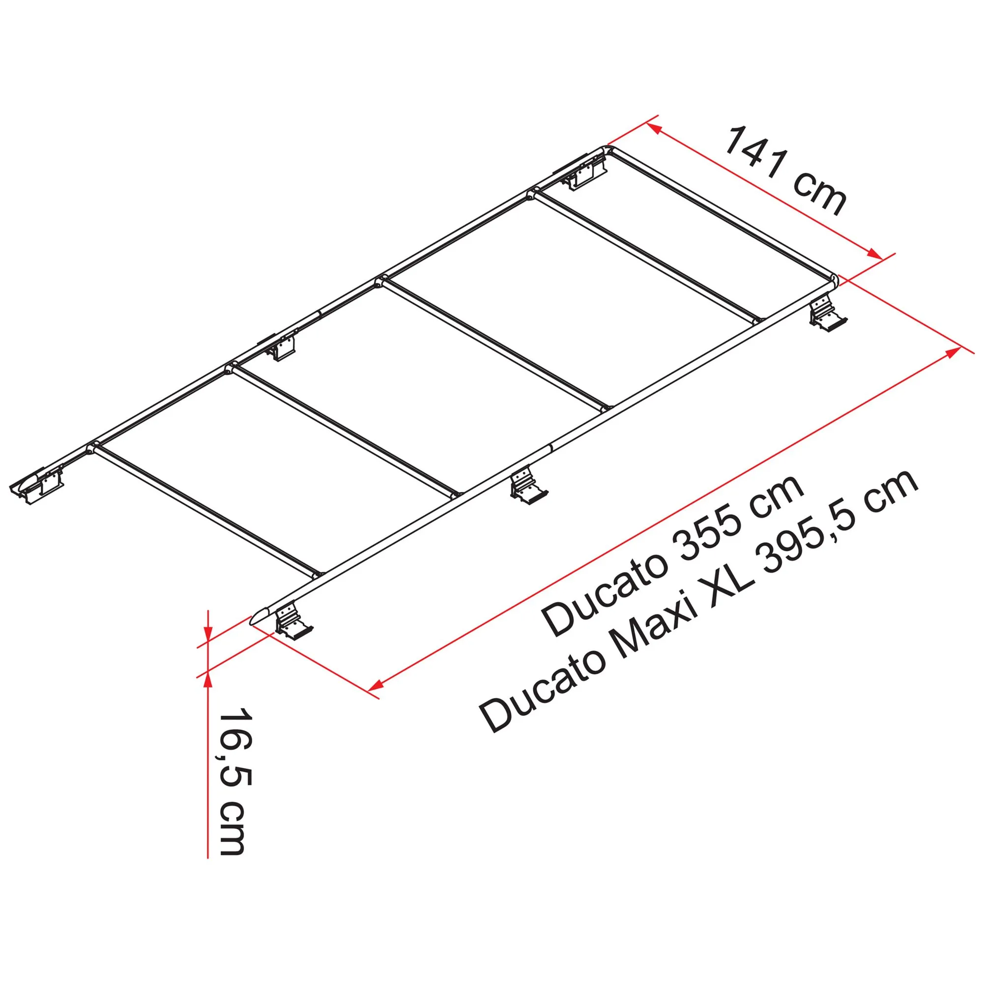 Schwarze Dachreling für Ducato und Ducato Maxi XL mit Querstreben, Befestigungselementen und Maßangaben 141 cm, 355 cm und 395,5 cm