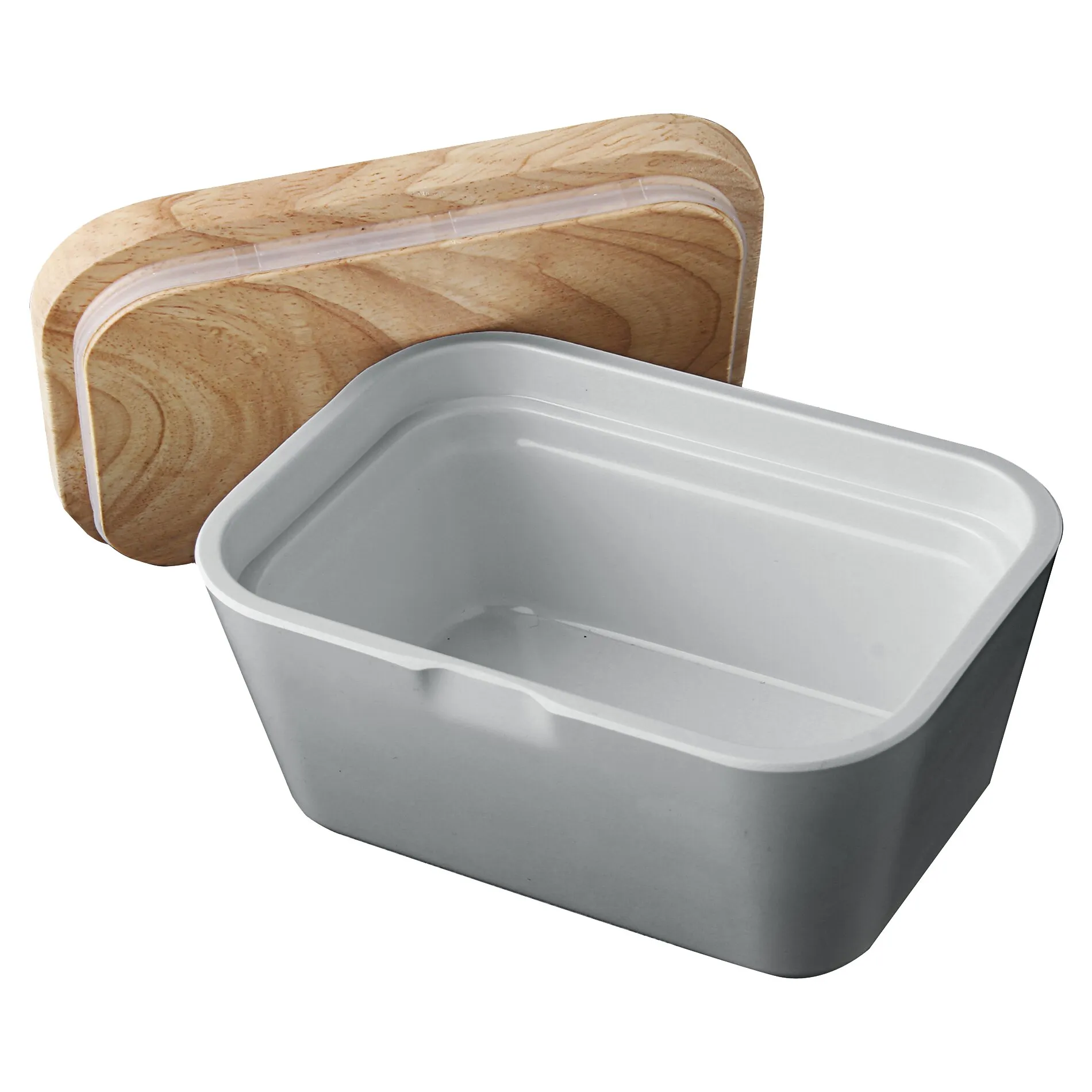 Weiße Butterdose mit abgerundeten Ecken, offenem Innenfach und abnehmbarem Deckel aus hellem Holz in Seitenansicht