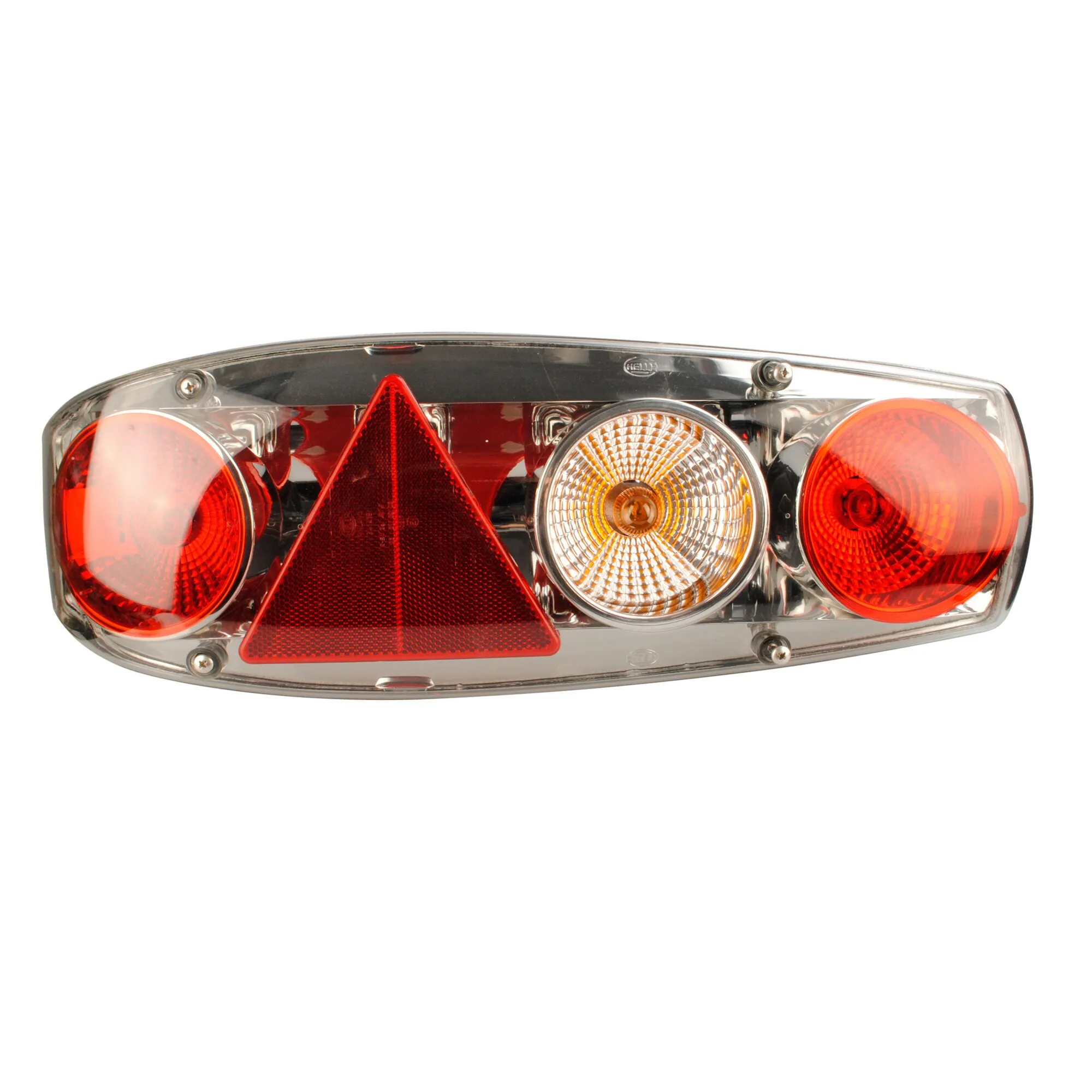 Heckleuchte Caraluna II Plus Chromium für Wohnwagen links mit rotem Rücklicht, Blinker, Reflektor und transparentem Gehäuse