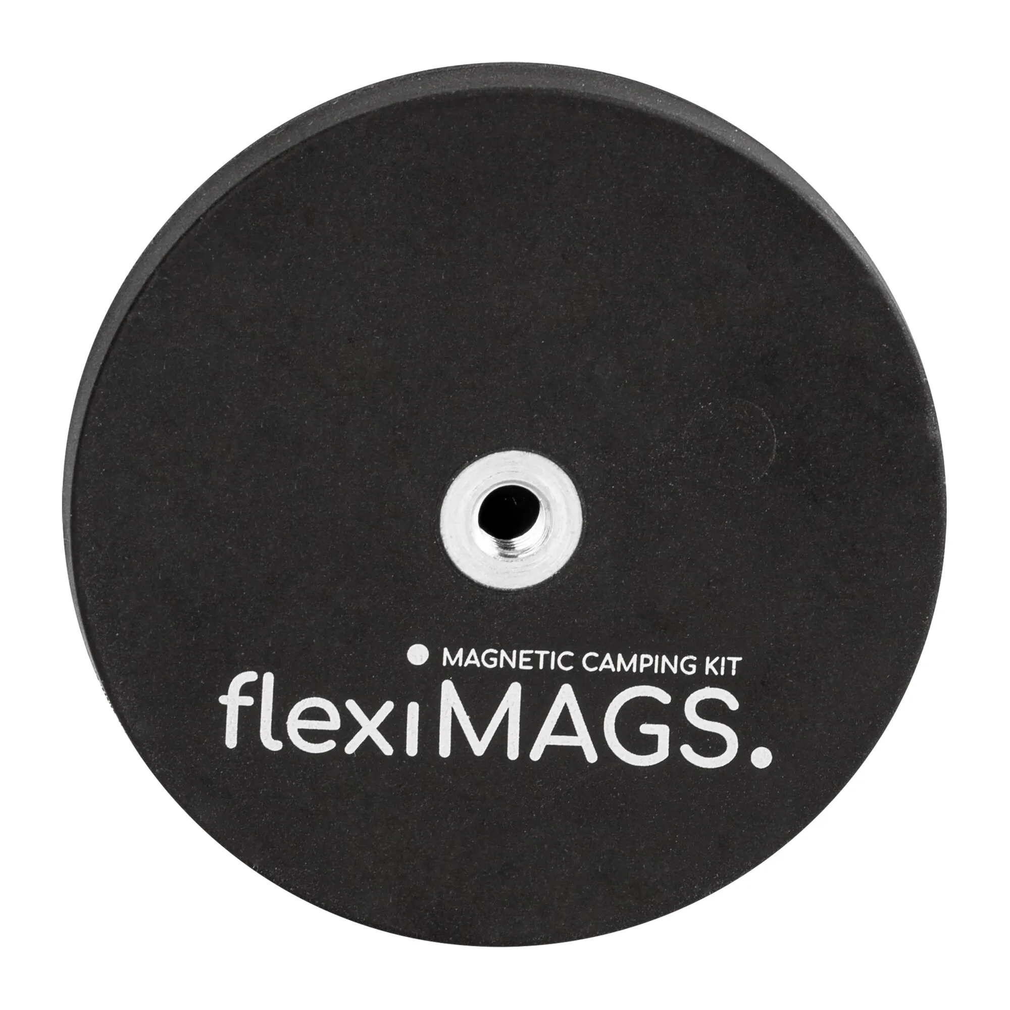 Runder schwarzer flexiMAGS-Magnet mit zentraler Gewindebohrung und weißem Aufdruck „Magnetic Camping Kit“