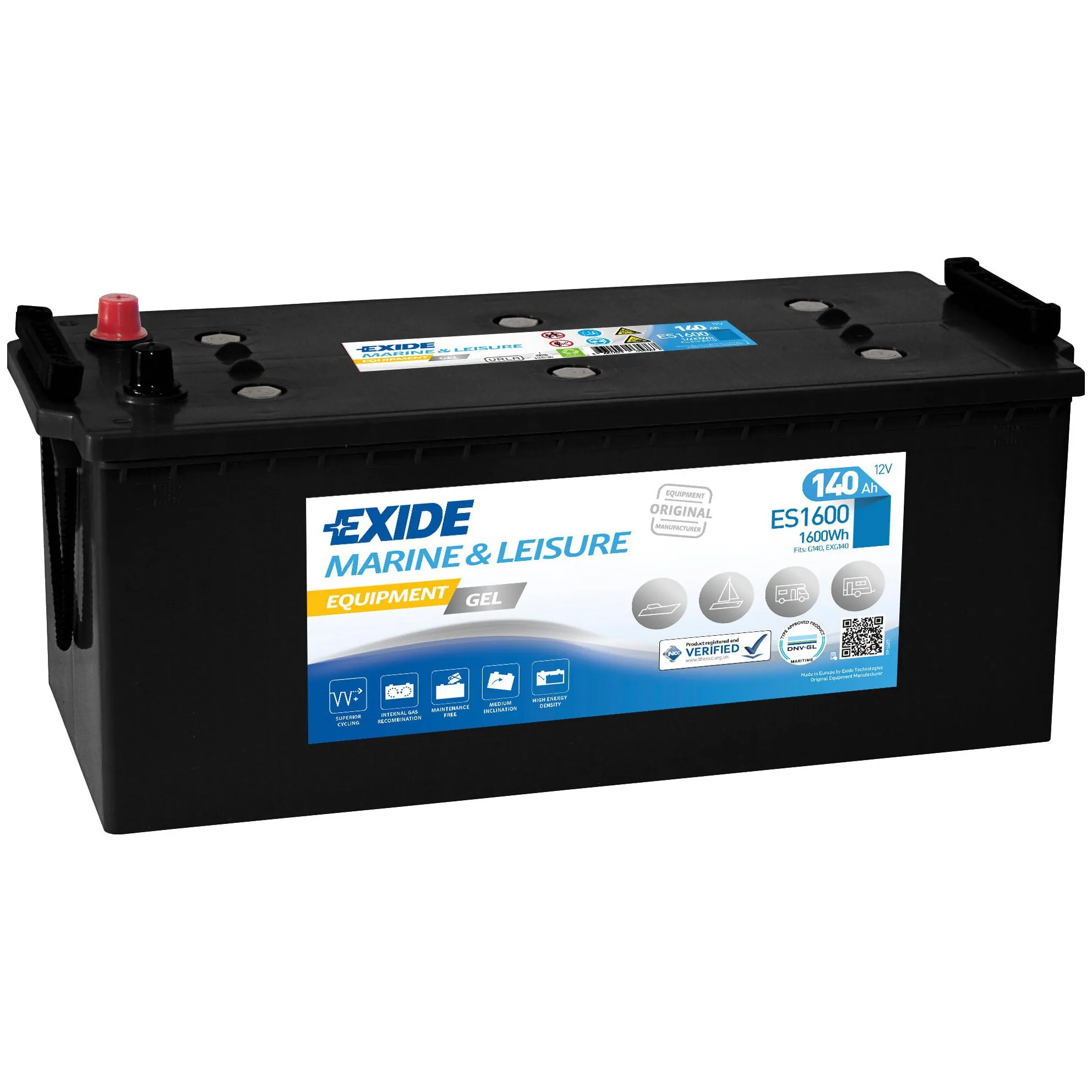 Schwarze Exide Marine-&-Leisure-GEL-Batterie ES1600 mit 12 V, 140 Ah und zwei sichtbaren Anschlusspolen