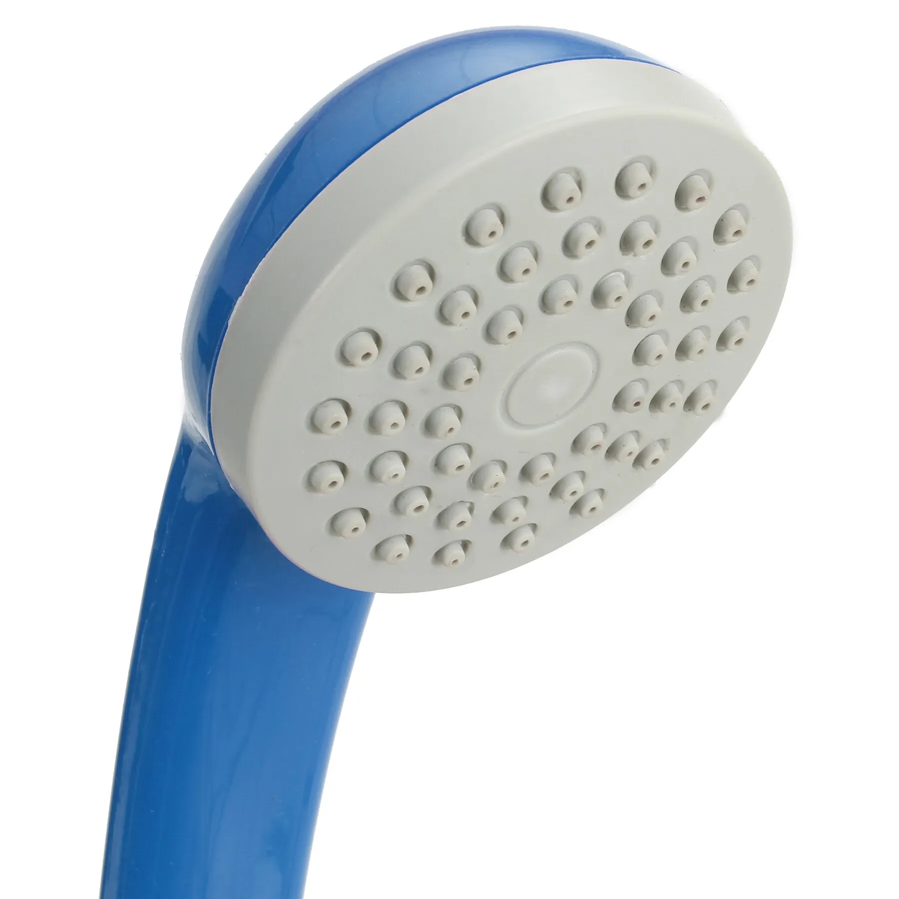 Blaue Campingdusche Aquafresh 2.0 in Detailansicht mit weißem Duschkopf und zahlreichen Wasserdüsen