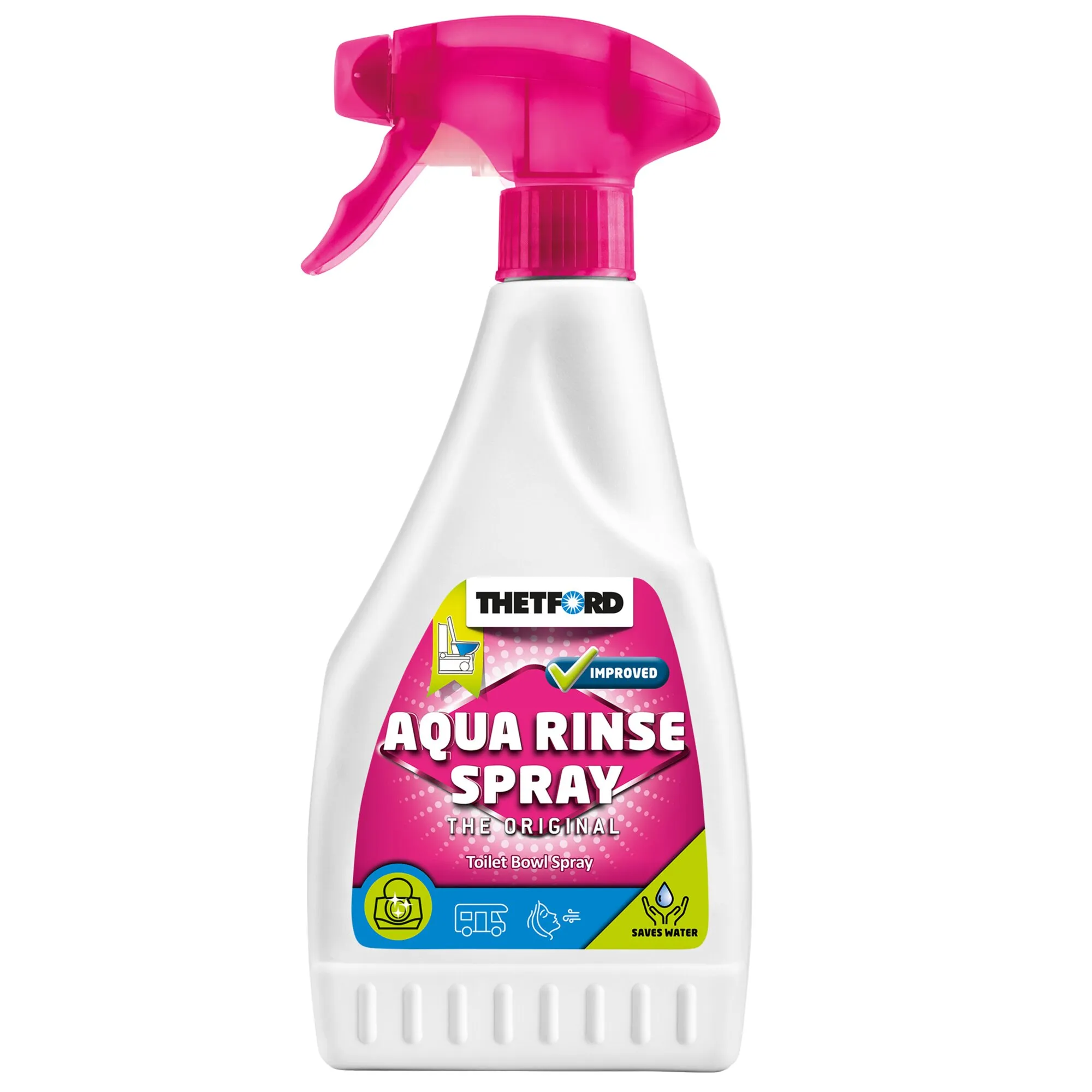 Weiße Sprühflasche mit pinkem Sprühkopf von Thetford, Aqua Rinse Spray für Toilettenschüsseln, frontal vor weißem Hintergrund