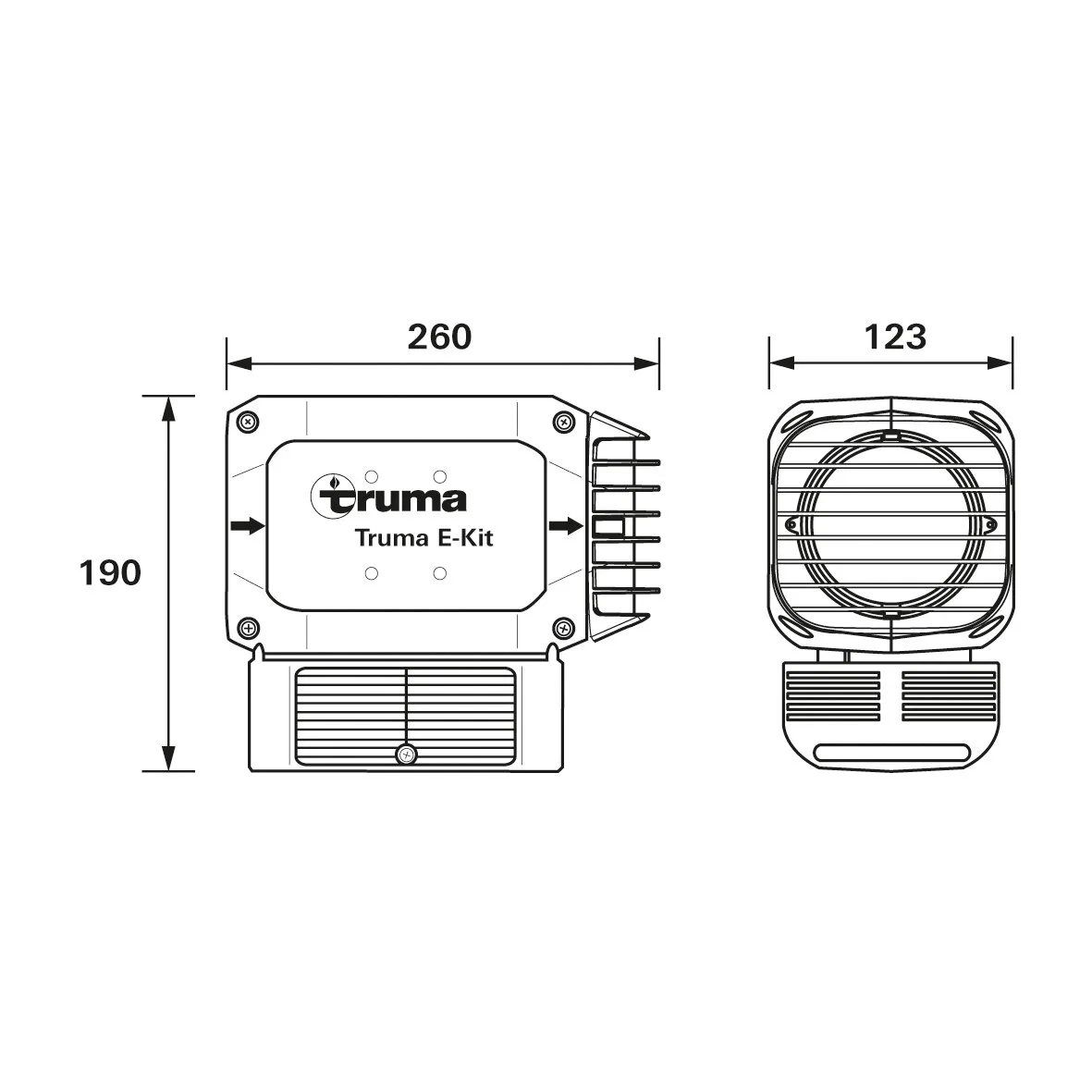 Technische Zeichnung des Truma E-Kits für VarioHeat mit Vorder- und Seitenansicht sowie Maßangaben 260, 190 und 123 Millimeter