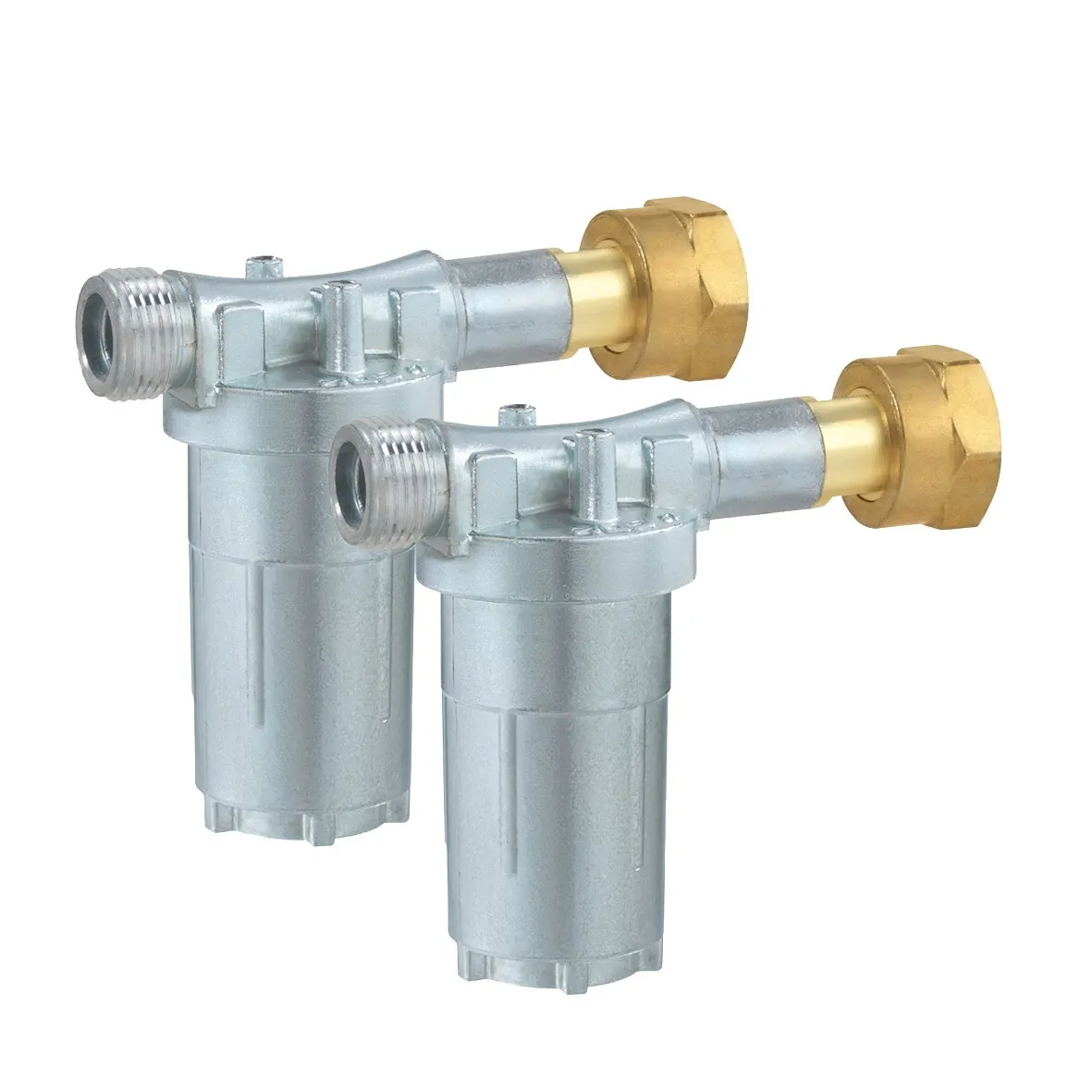 Zwei silberfarbene Caramatic ConnectClean Gasfilter 2.0 mit zylindrischem Filtergehäuse und messingfarbenen Anschlüssen gestaltete Ansicht