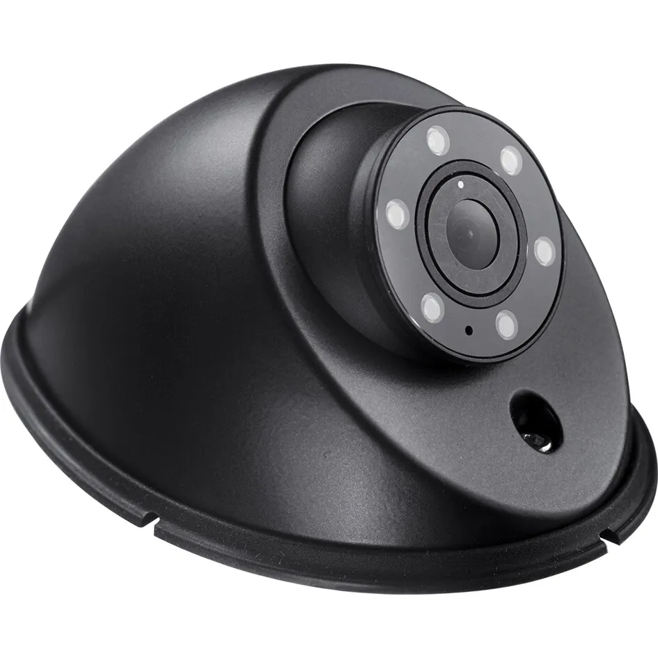 Schwarze Rückfahrkamera PerfectView CAM 18 NAV mit zentraler Linse und sechs weißen LEDs auf einer halbrunden Halterung