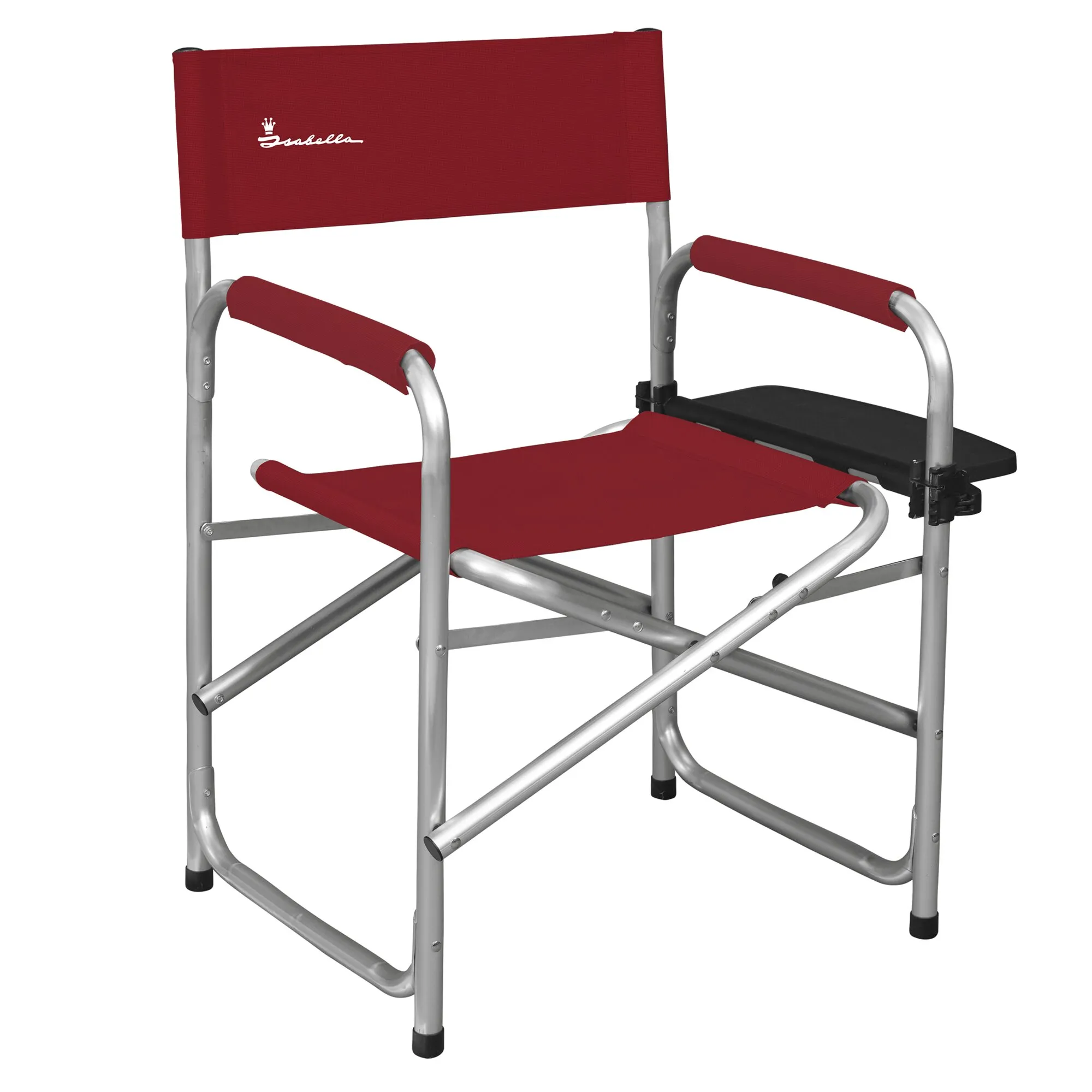 Roter Regiestuhl mit silbernem Metallgestell, roter Sitzfläche und Rückenlehne sowie schwarzen Armlehnen und Füßen