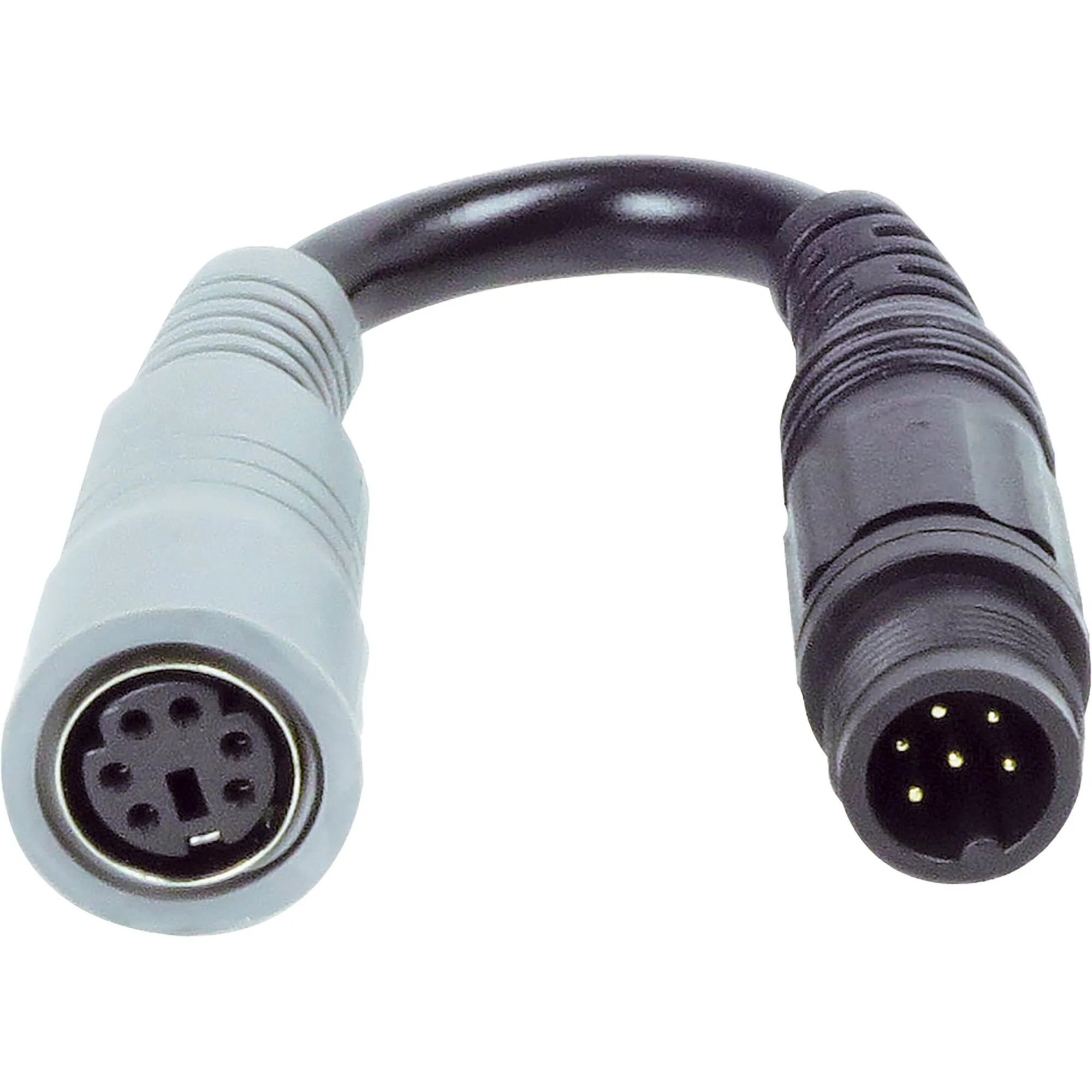 Schwarzer Kameraadapter mit 6-poliger Kupplung und 6-poligem Mini-Schraubstecker, abgewinkeltes Kabeldesign