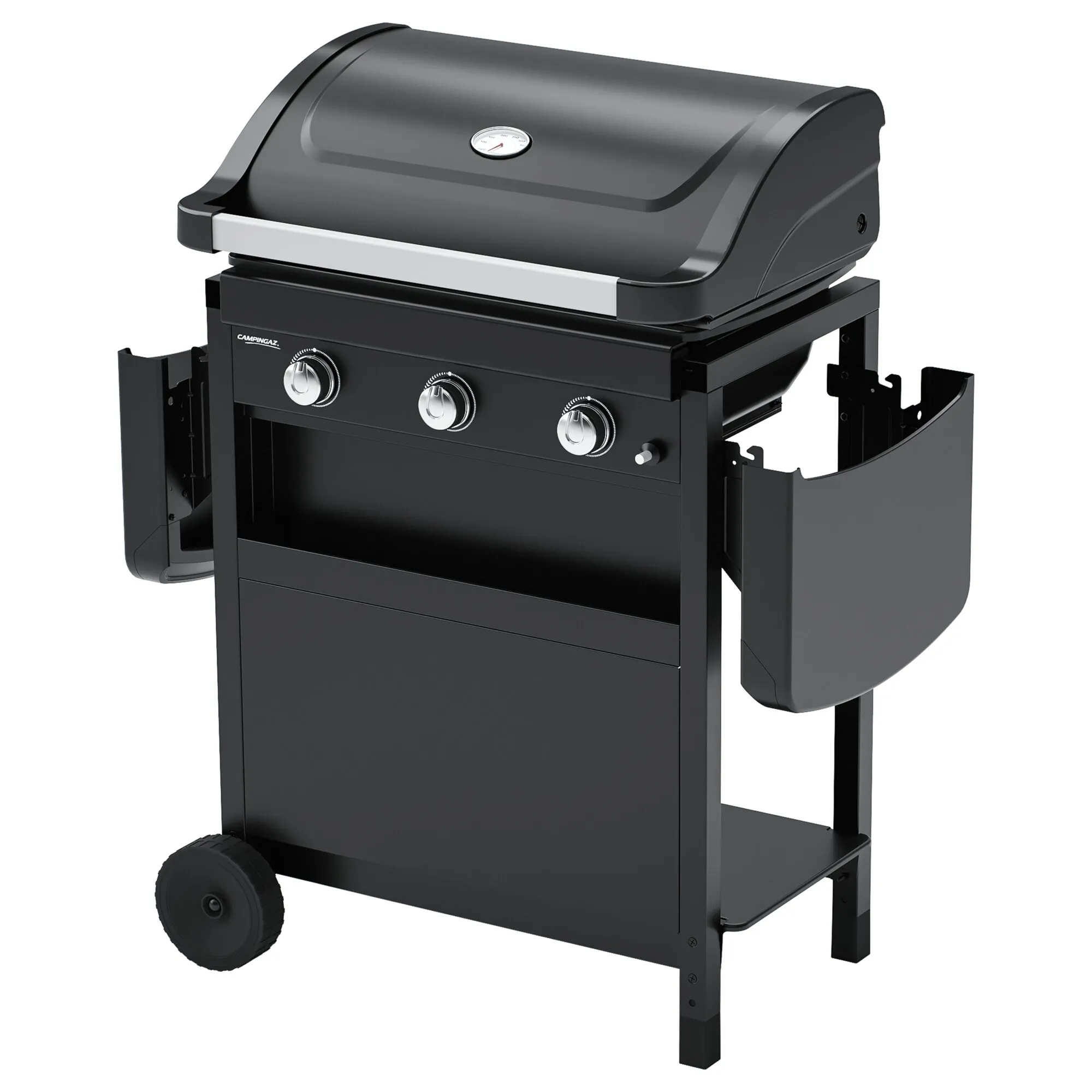 Schwarzer Gasgrill Compact 3 L mit geschlossenem Deckel, Sichtthermometer, drei Bedienknöpfen und seitlichen Ablagen