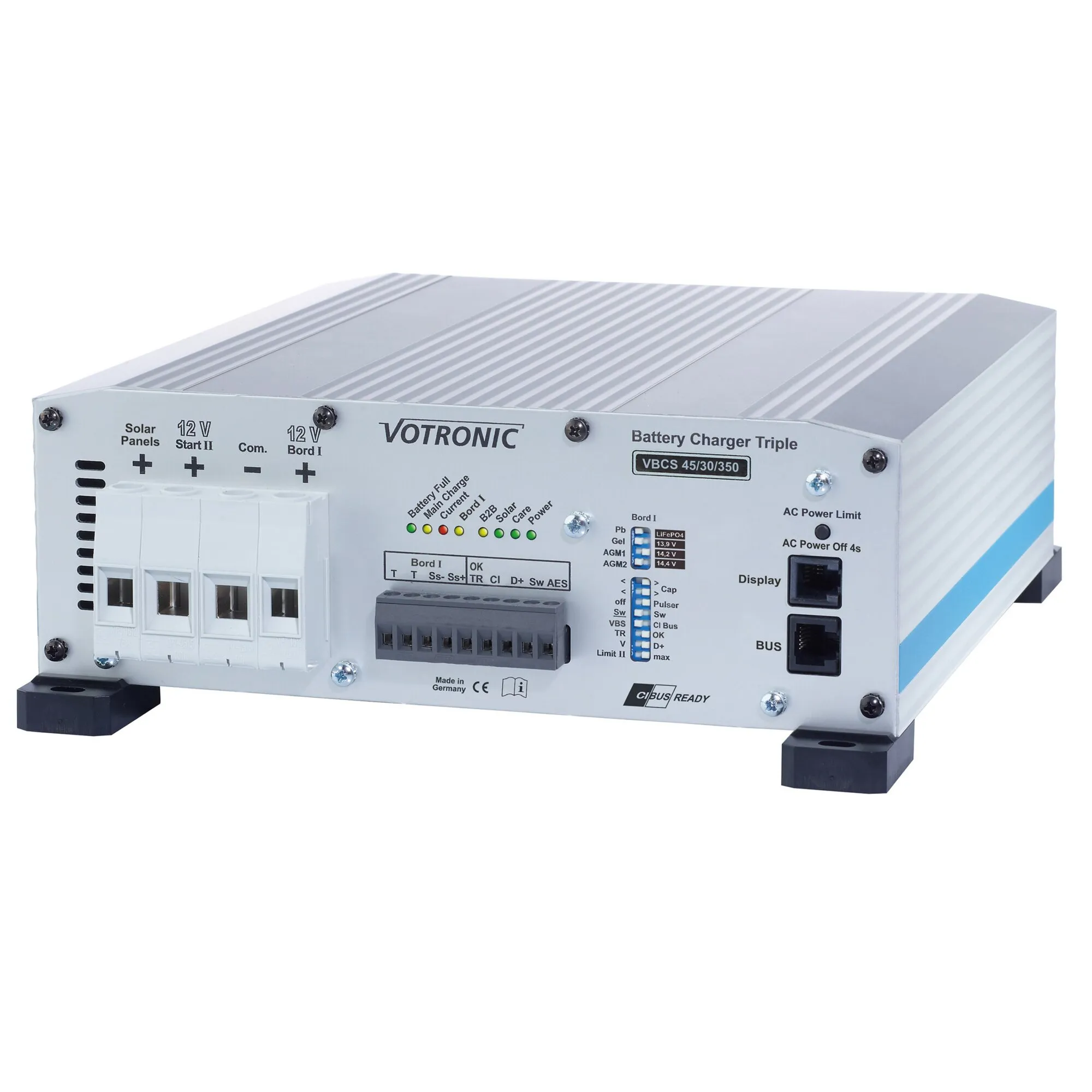 VOTRONIC Batterieladegerät VBCS Triple 30 A mit geripptem Metallgehäuse, Anschlussklemmen, Statusanzeigen und Display- sowie BUS-Anschlüssen