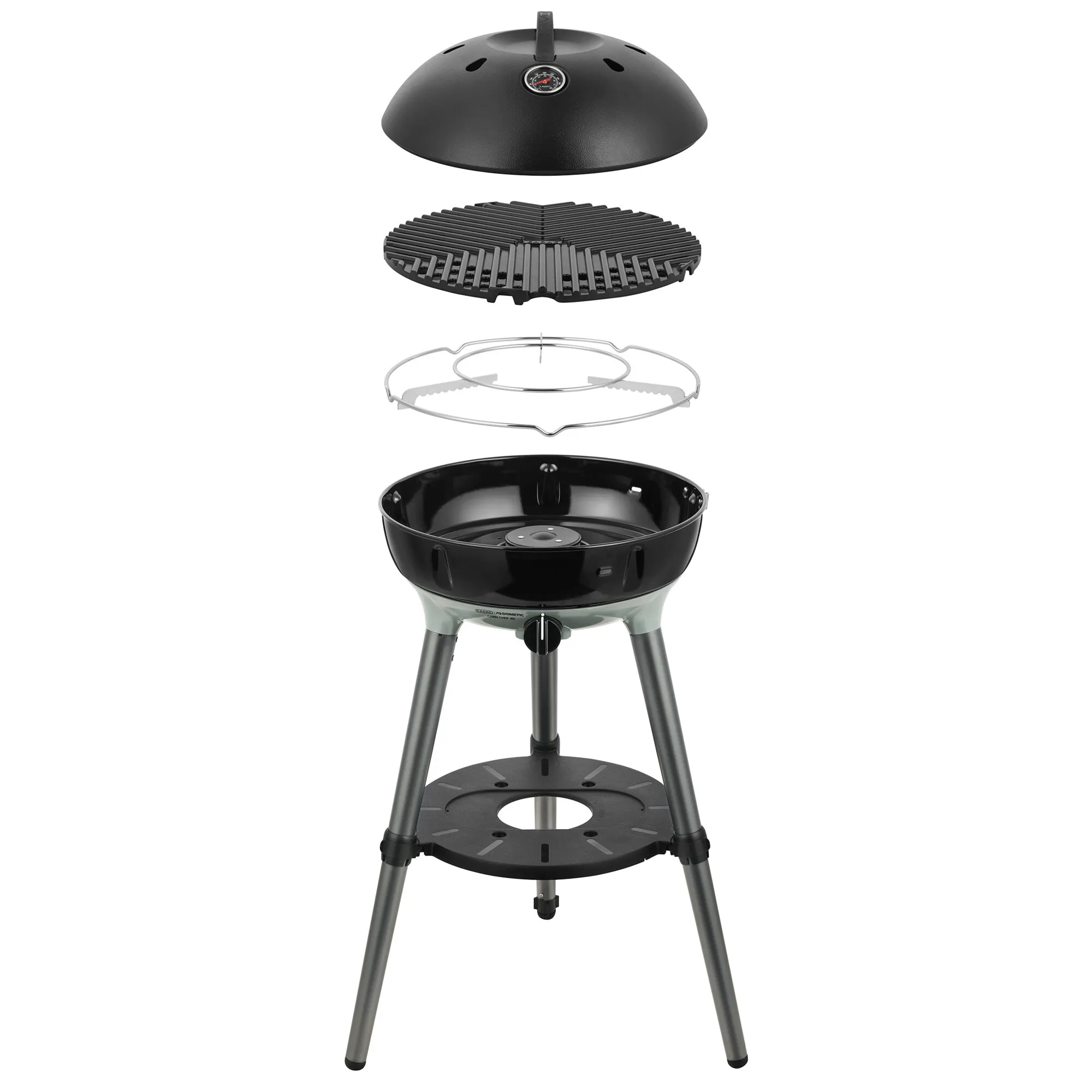 Schwarzer Gasgrill Carri Chef 40 BBQ mit Deckel, Grillrost, Gestell mit drei Beinen und Ablagefläche in Explosionsdarstellung