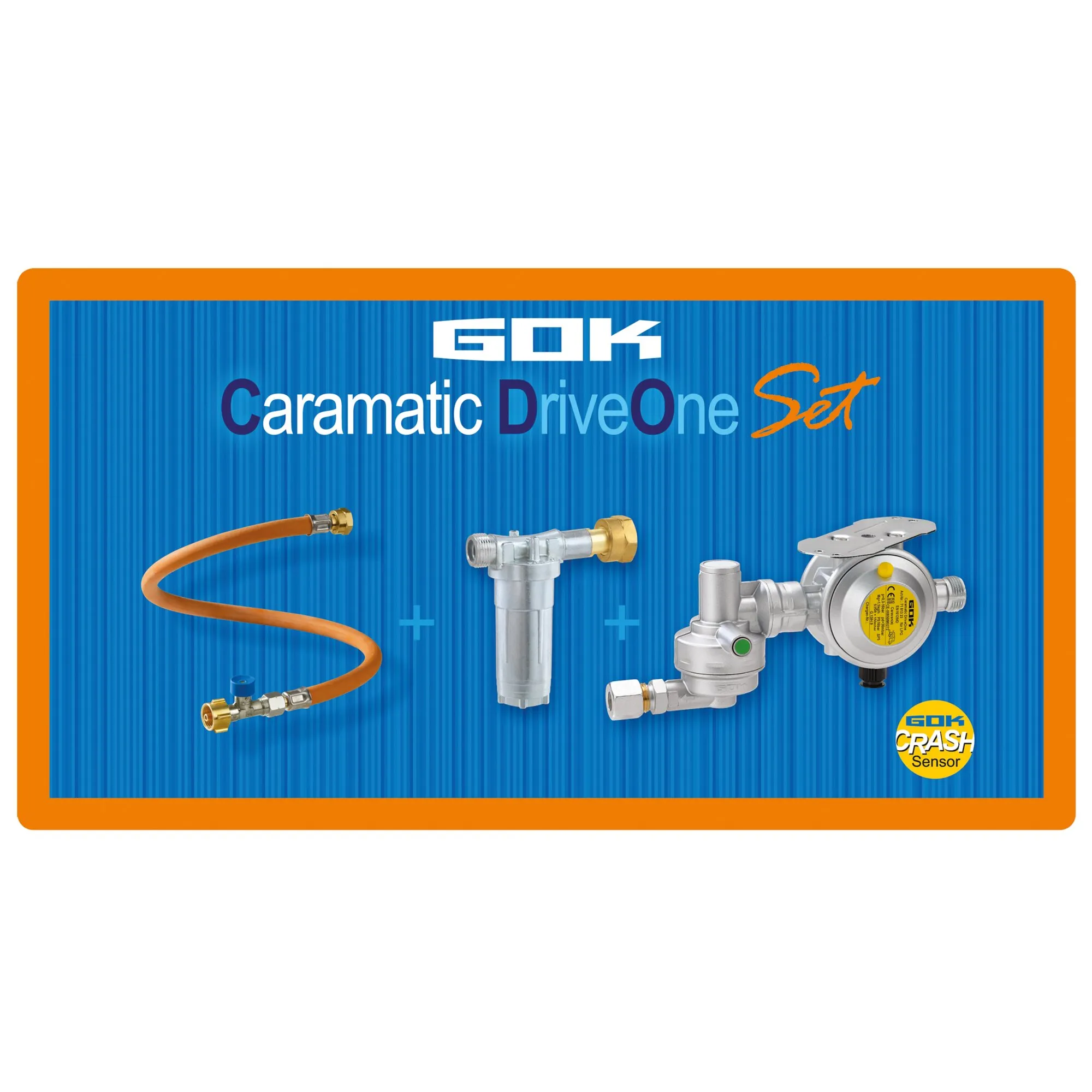 GOK Caramatic DriveOne Set, horizontale Gasdruck-Regelanlage mit orangefarbenem Gasschlauch, Filter und Crash-Sensor