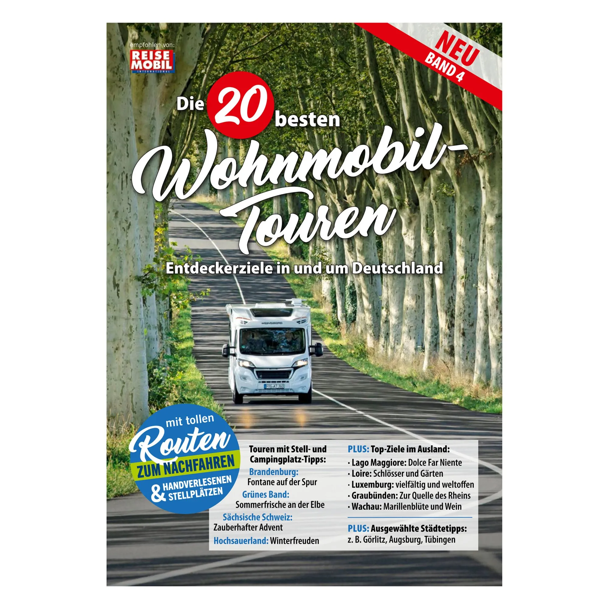Cover von Wohnmobil-Touren Band 4 mit einem weißen Wohnmobil auf einer von Bäumen gesäumten Straße und Routentipps