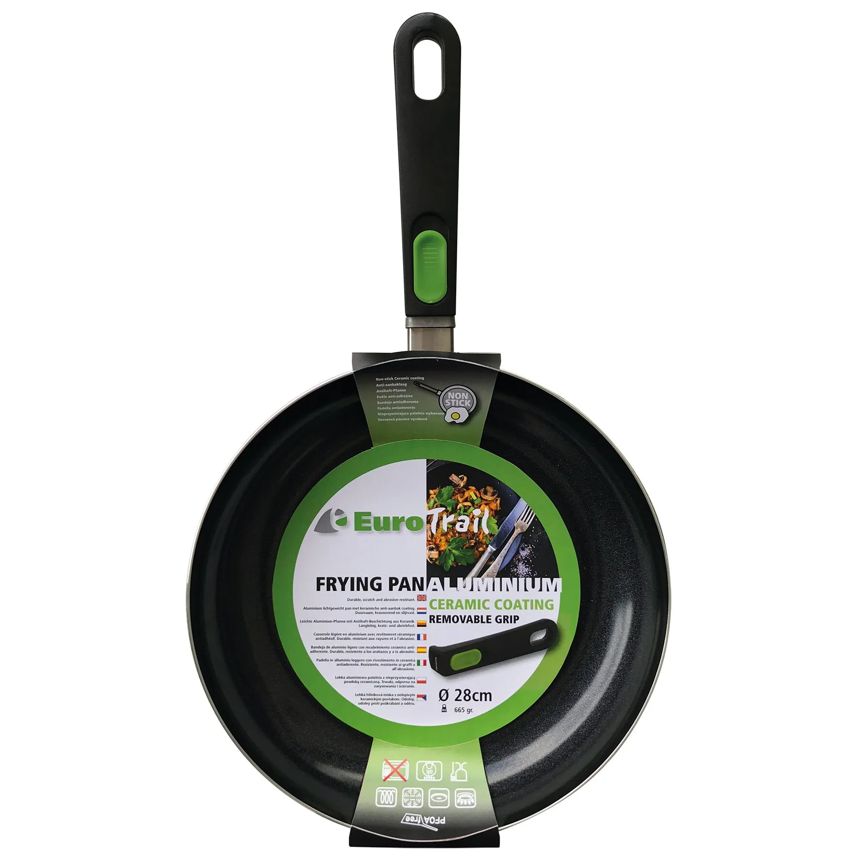 Schwarze Aluminium-Bratpfanne mit keramischer Beschichtung und abnehmbarem Griff mit grüner Einlage, von EuroTrail