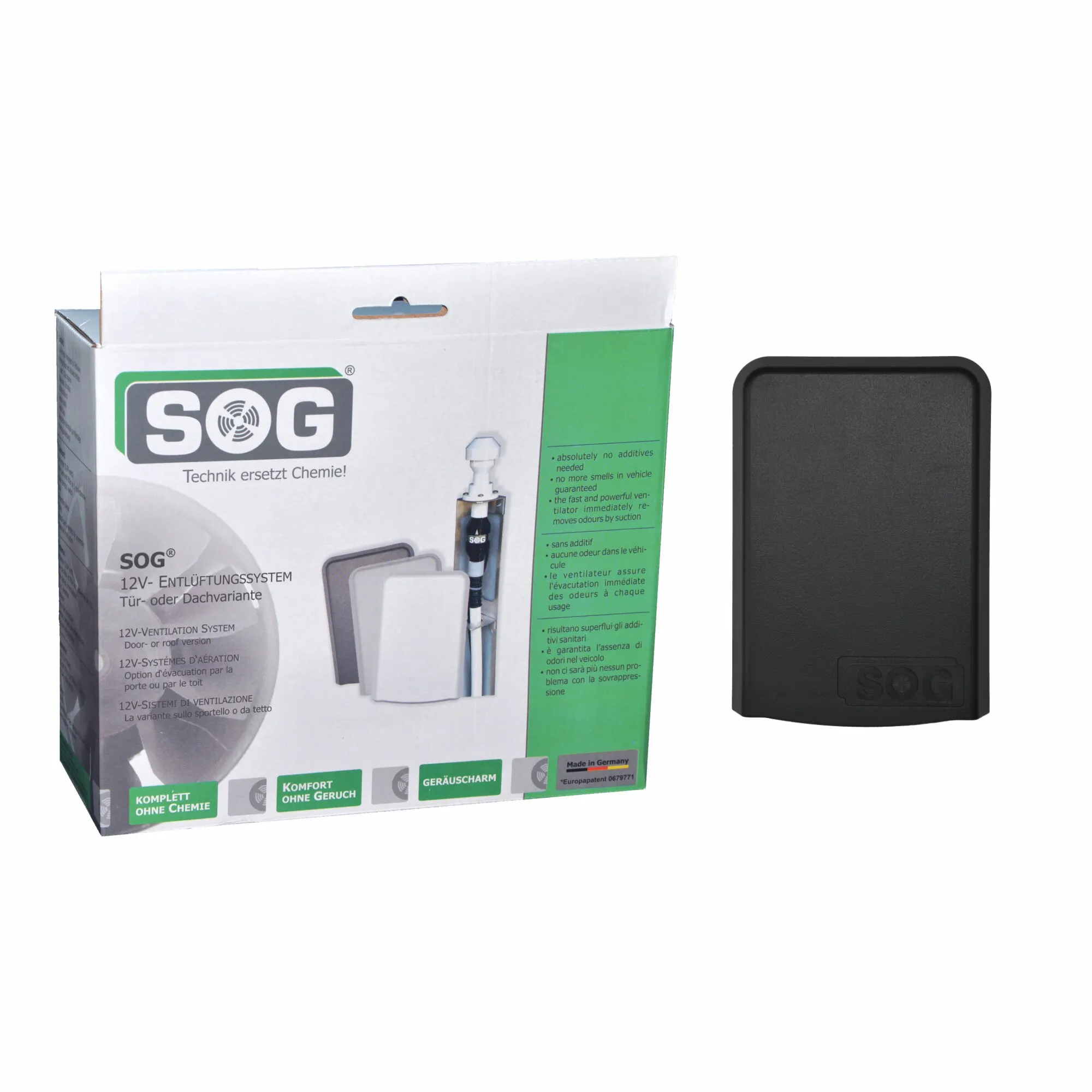 SOG 12-Volt-WC-Entlüftung für CT 3000 und CT 4000 in schwarzer Türvariante neben der Verpackung